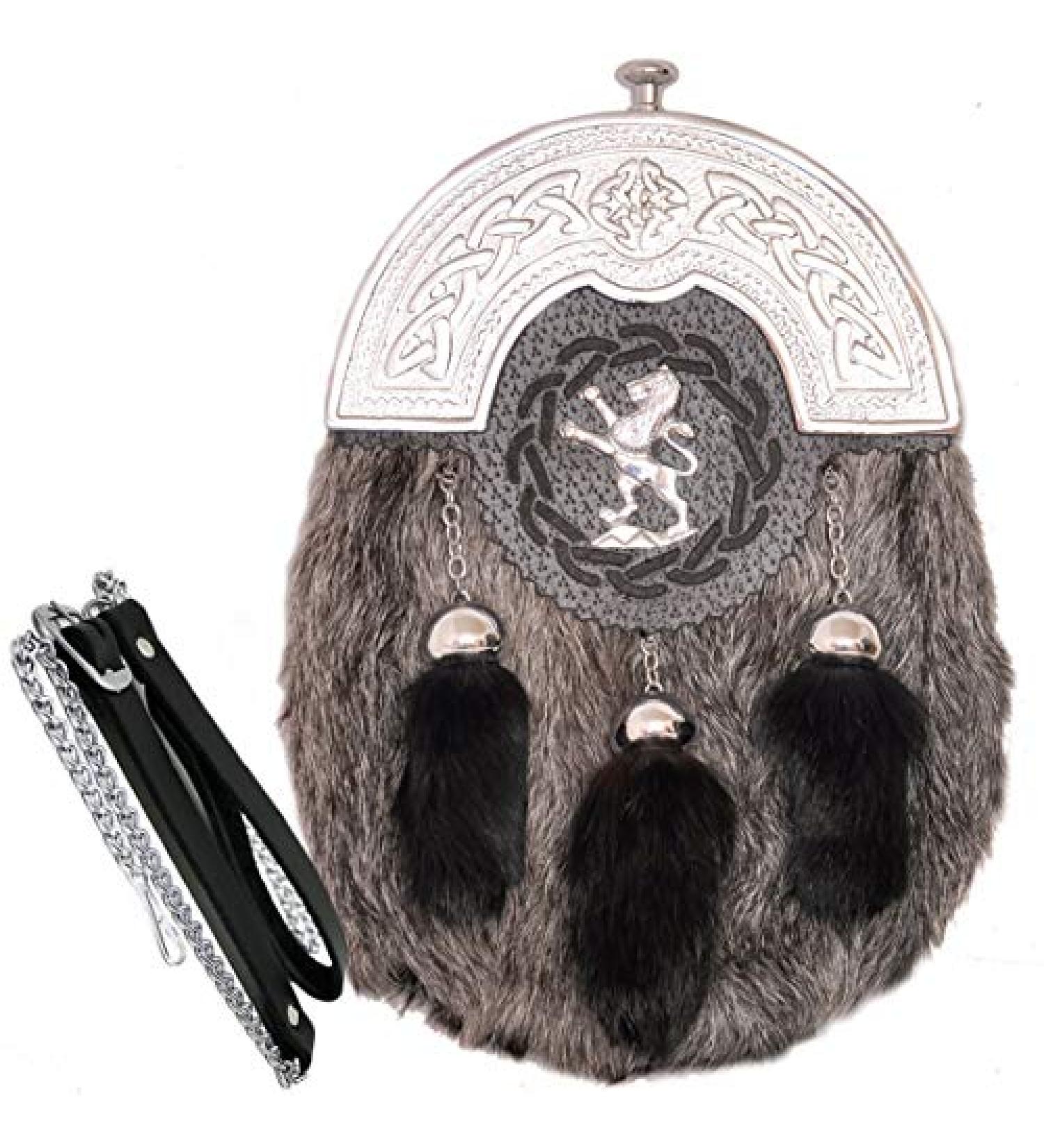 Scottish Kilt Sporran - Grey Goat Skin Full Dress Sporran with Celtic Chrome Cantel - Buy Online on GoSupps.com