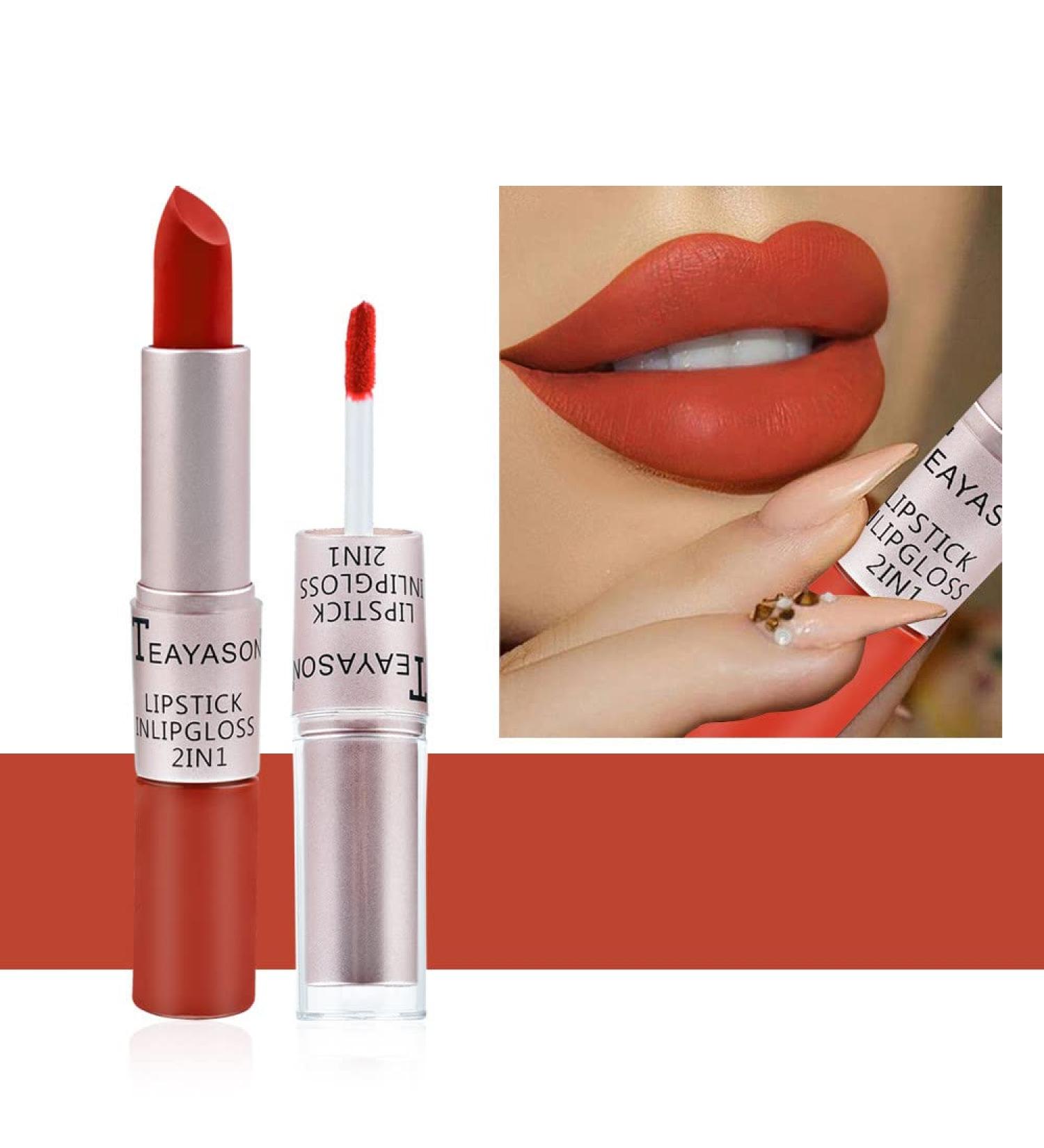  Hikaka 2 in 1 Matte Velvet Satin Lipstick & Gloss Set Double Headed Matte Finish Non-stick Cup No Fade Nude Color Long Lasting Waterproof Lip Gloss (D) - Buy Online on GoSupps.com