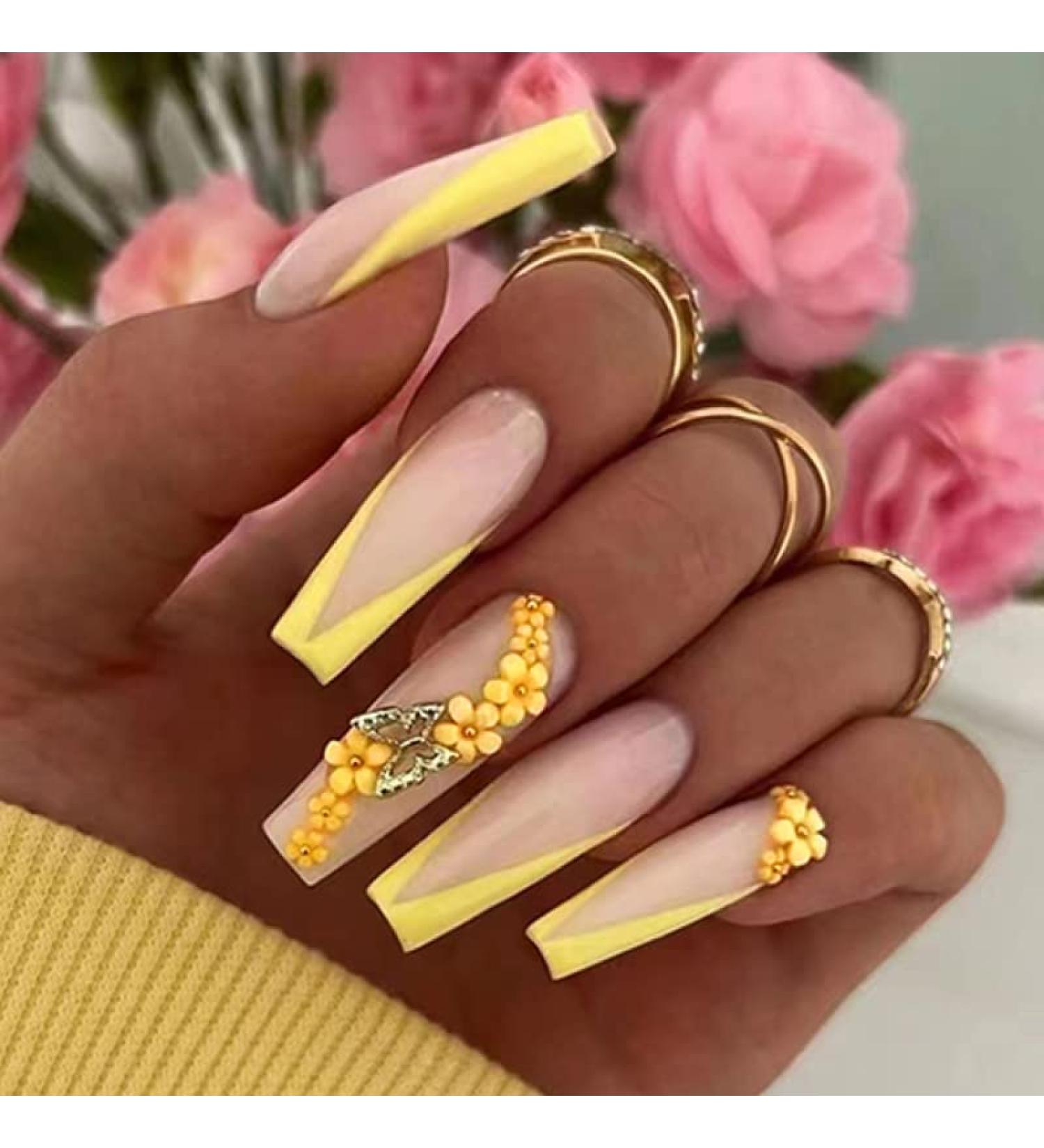 Justotry 24-Piece Coffin 3D Nails - Lemon French Floral Ballerina Press-On Nails for Women | Short Fake Nails - Buy Online on GoSupps.com