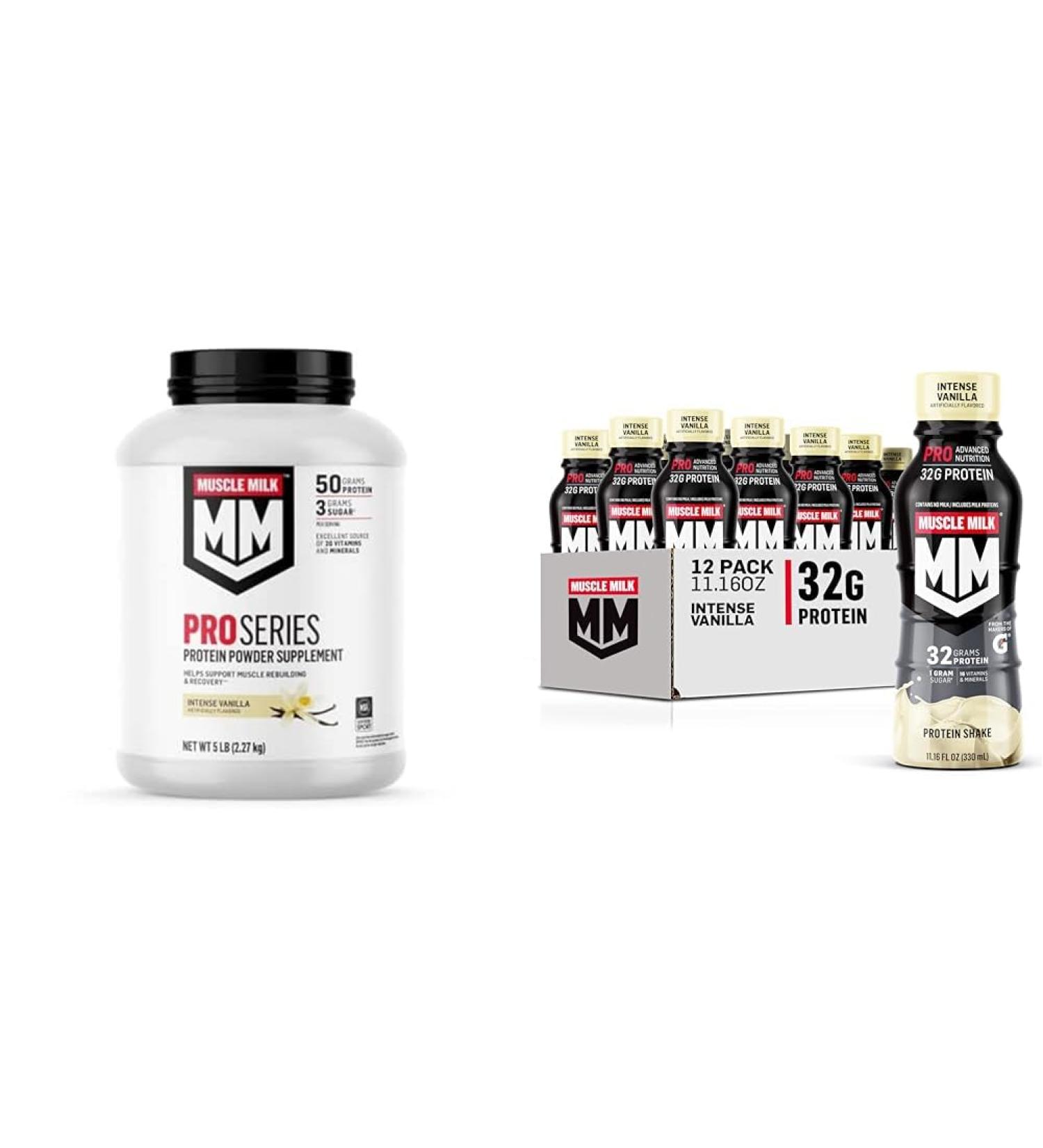 Muscle Milk Pro Series Protein Powder Supplement Intense Vanilla 5 Pound & Pro Advanced Nutrition Protein Shake Intense Vanilla 11.16 Fl Oz (Pack of 12) - Buy Online on GoSupps.com