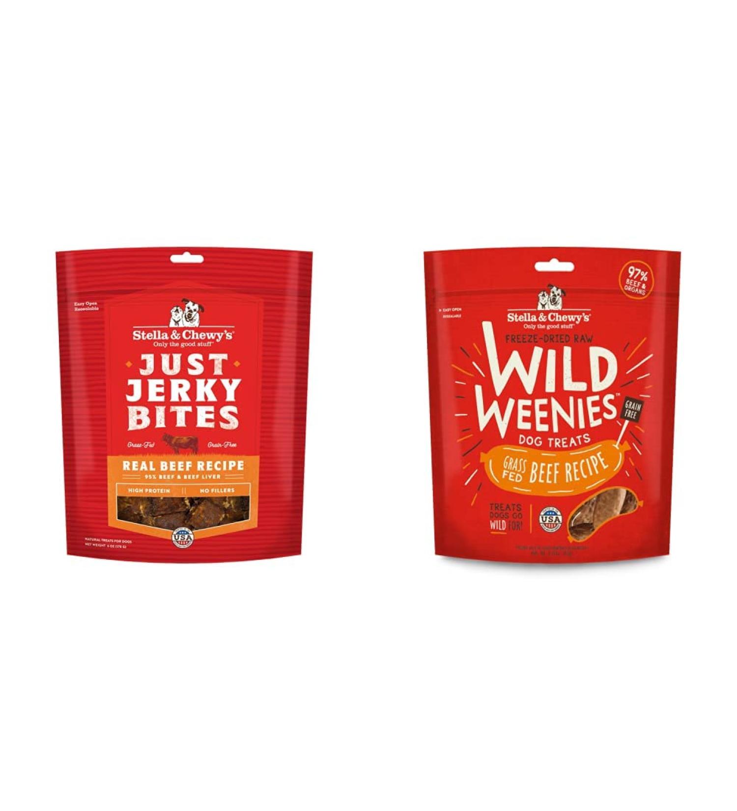 Stella & Chewy's Just Jerky Bites Real Beef Recipe Dog Treats + Freeze-Dried Raw Wild Weenies Dog Treats (Grass-Fed Beef Recipe) Dog Treats + Dog Treats 3.25 oz Bag - Buy Online on GoSupps.com