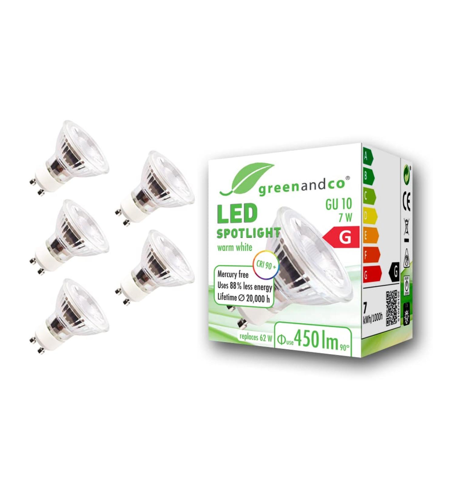 Greenandco 5x GU10 LED Spotlights - 7W 450 LM 3000K Warm White Flicker-Free 2-Year Guarantee | International Shipping - Buy Online on GoSupps.com