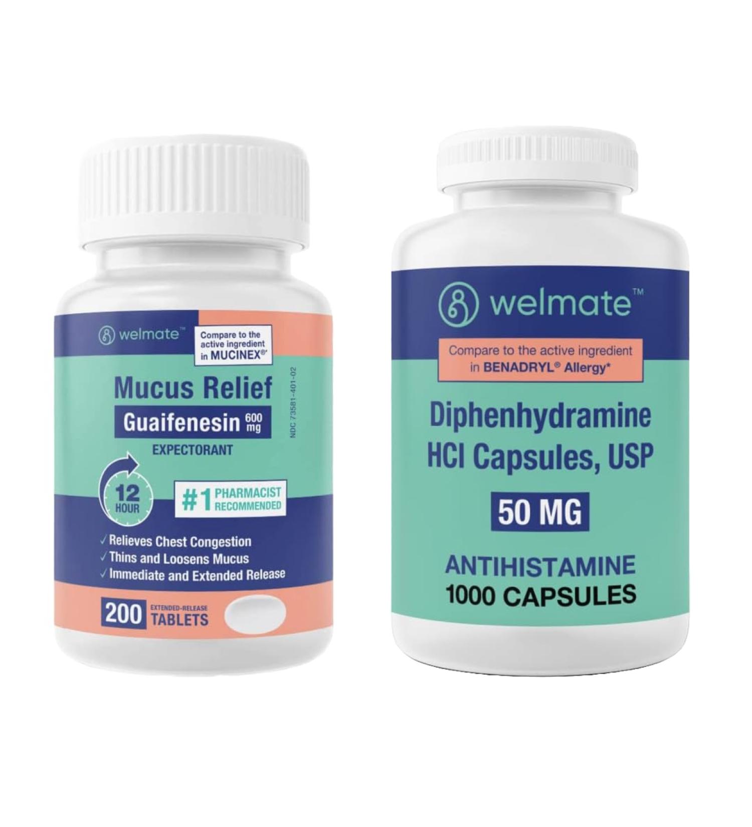 WELMATE Nighttime Relief Combo: Mucus Relief Guaifenesin 600mg Extended-Release (200 Ct) & Diphenhydramine 50mg Sleep Aid & Allergy Relief (1000 Ct) | 24-Hr Symptom Control for Restful Sleep - Buy Online on GoSupps.com