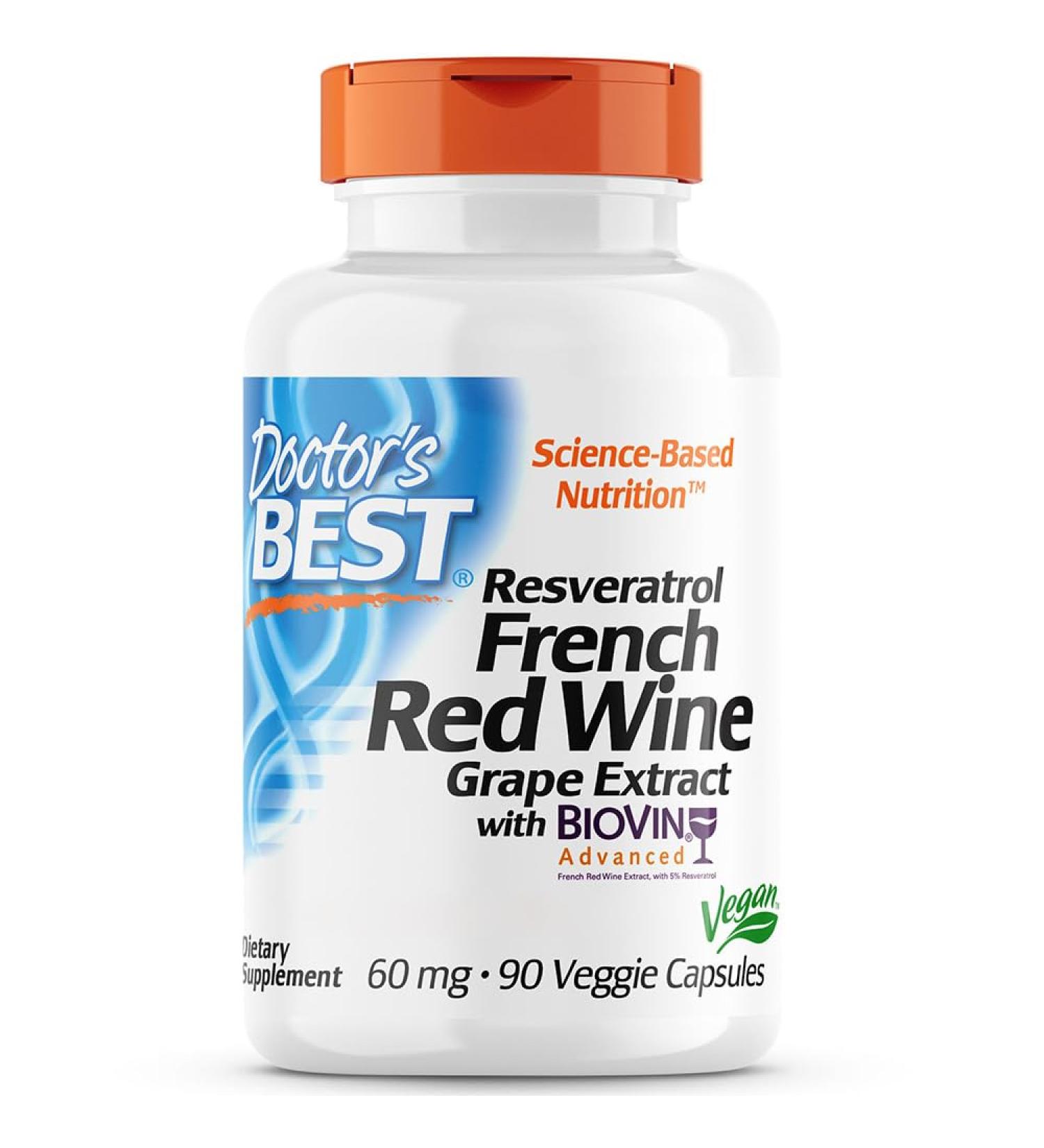 Doctors Best ResveraTrol French Red Vine Grape Extract - 60mg 90 Vegan Capsules | Gluten-Free Non-GMO Laboratory Tested Vegan Friendly - Buy Online on GoSupps.com