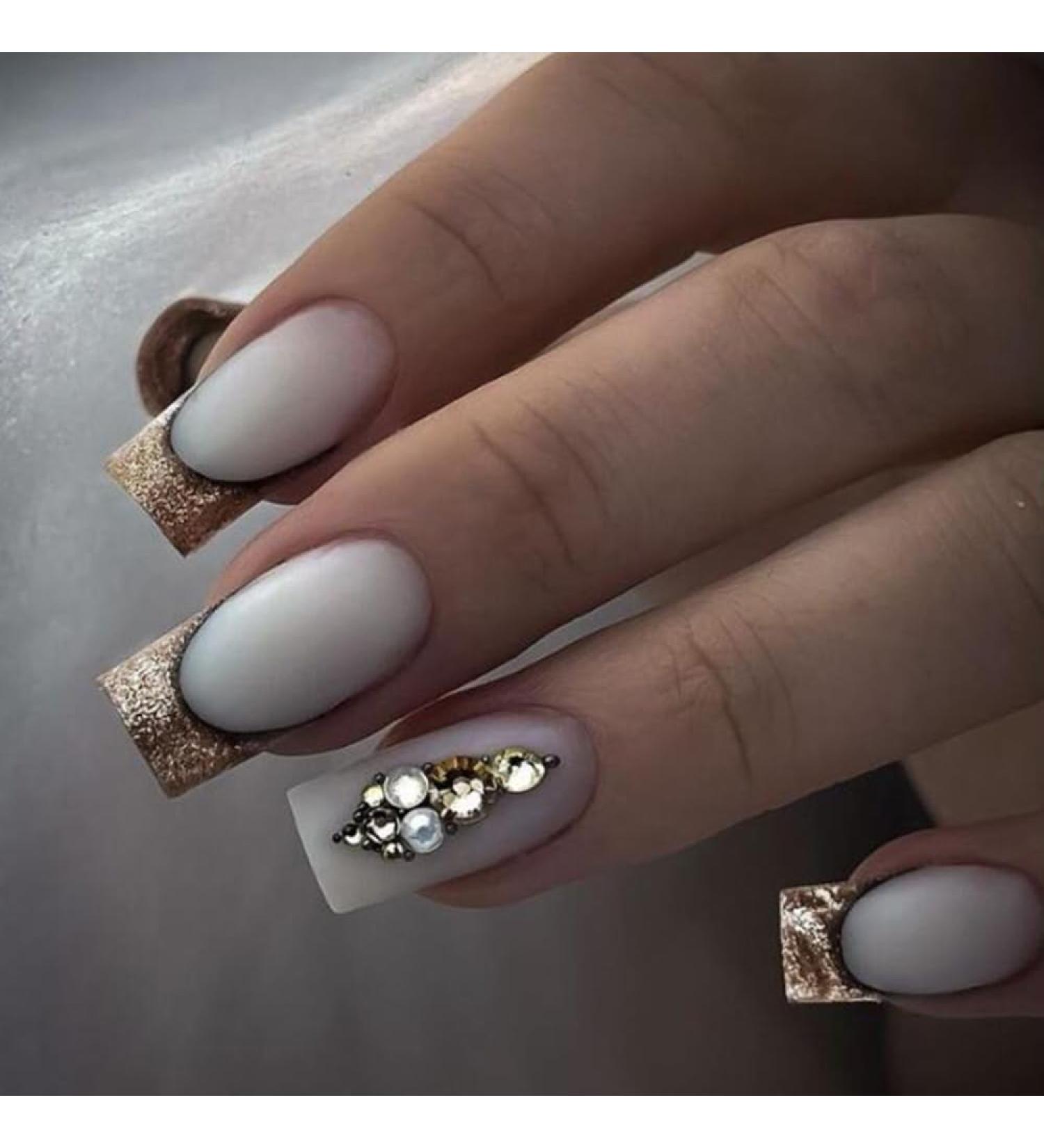 French Tip Press on Nails - Medium Square style fake nails Press On Nails with Nail Tips Golden Sparkling Rhinestones Design Glossy Milk White press on nails Acrylic False Nails Cute Artificial Nail - Buy Online on GoSupps.com