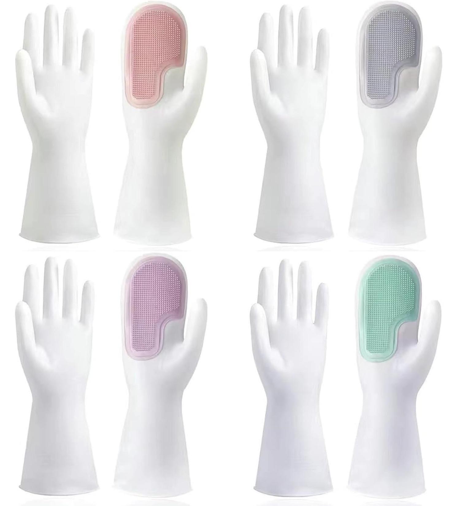 2 in 1 Magic Silicone Dishwashing Scrubber 4 Pairs Reusable Rubber Gloves Kitchen Tool for Household Dish Wash Bathroom Car - Buy Online on GoSupps.com