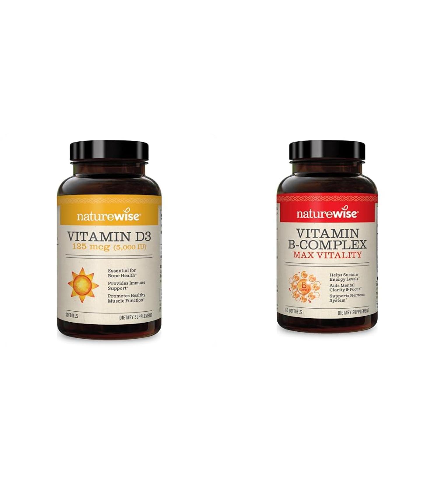 NatureWise Vitamin D3 5000iu + Vitamin B Complex for Cellular Energy Healthy Bones and Teeth Muscle Function Immune and Nervous System Support - 30 + 60 Count - Buy Online on GoSupps.com