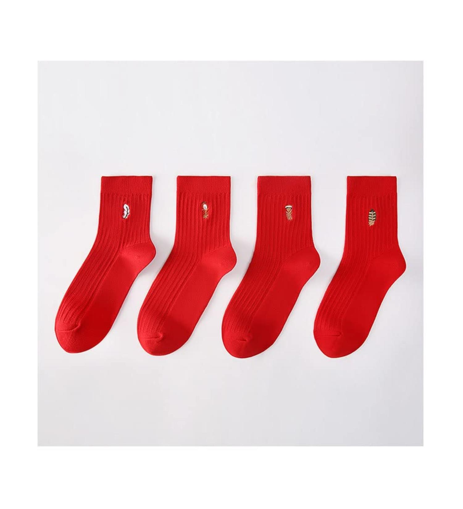 Chinese New Year Red Embroidered Cotton Socks 4 Pairs - Spring Festival Good Luck Socks - Size 34-39 - Buy Online on GoSupps.com