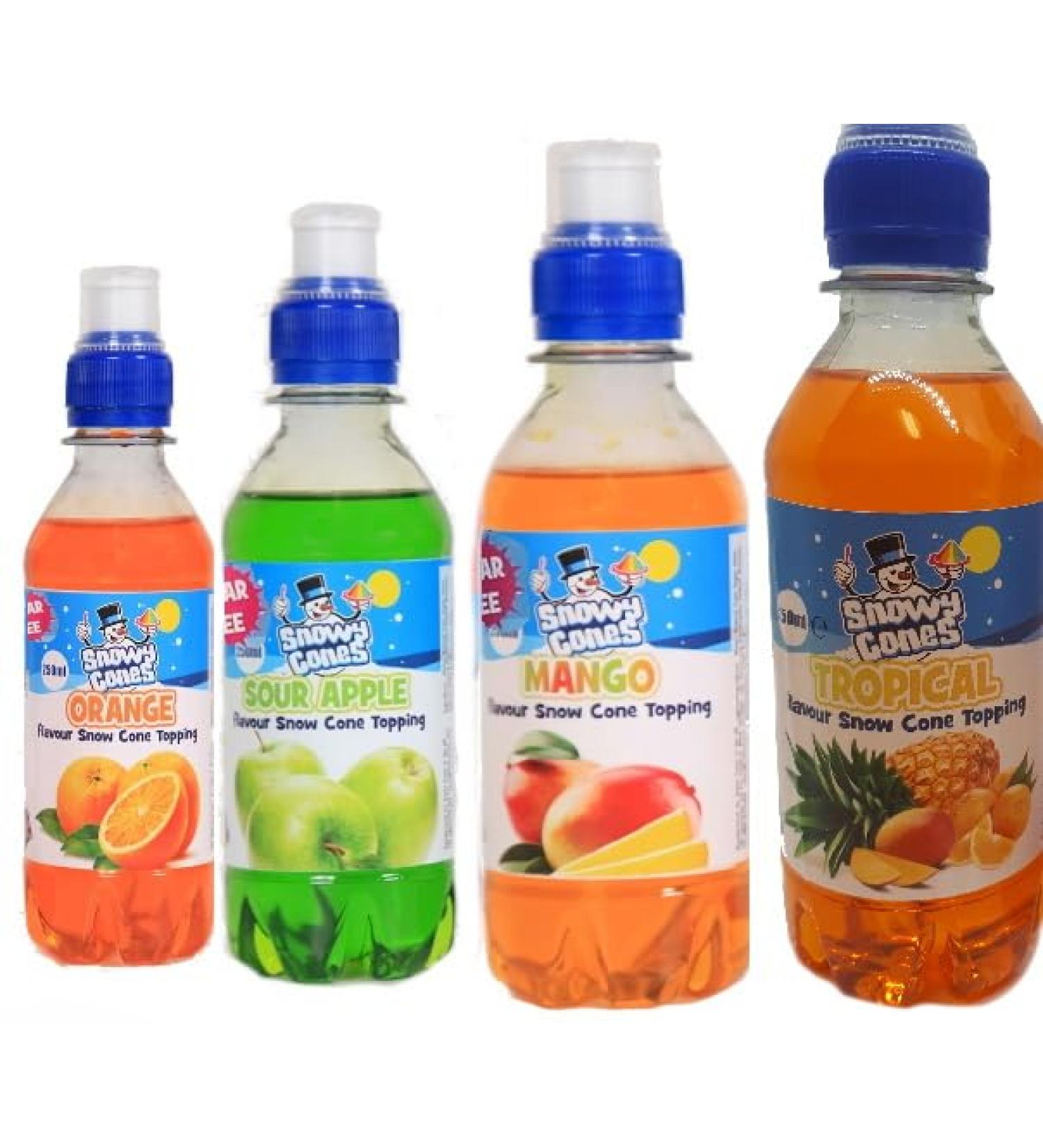 Snow cone syrup Suagr Free 250ml x 4 Most Popular Flavours Mango Orange Apple Tropical - Buy Online on GoSupps.com