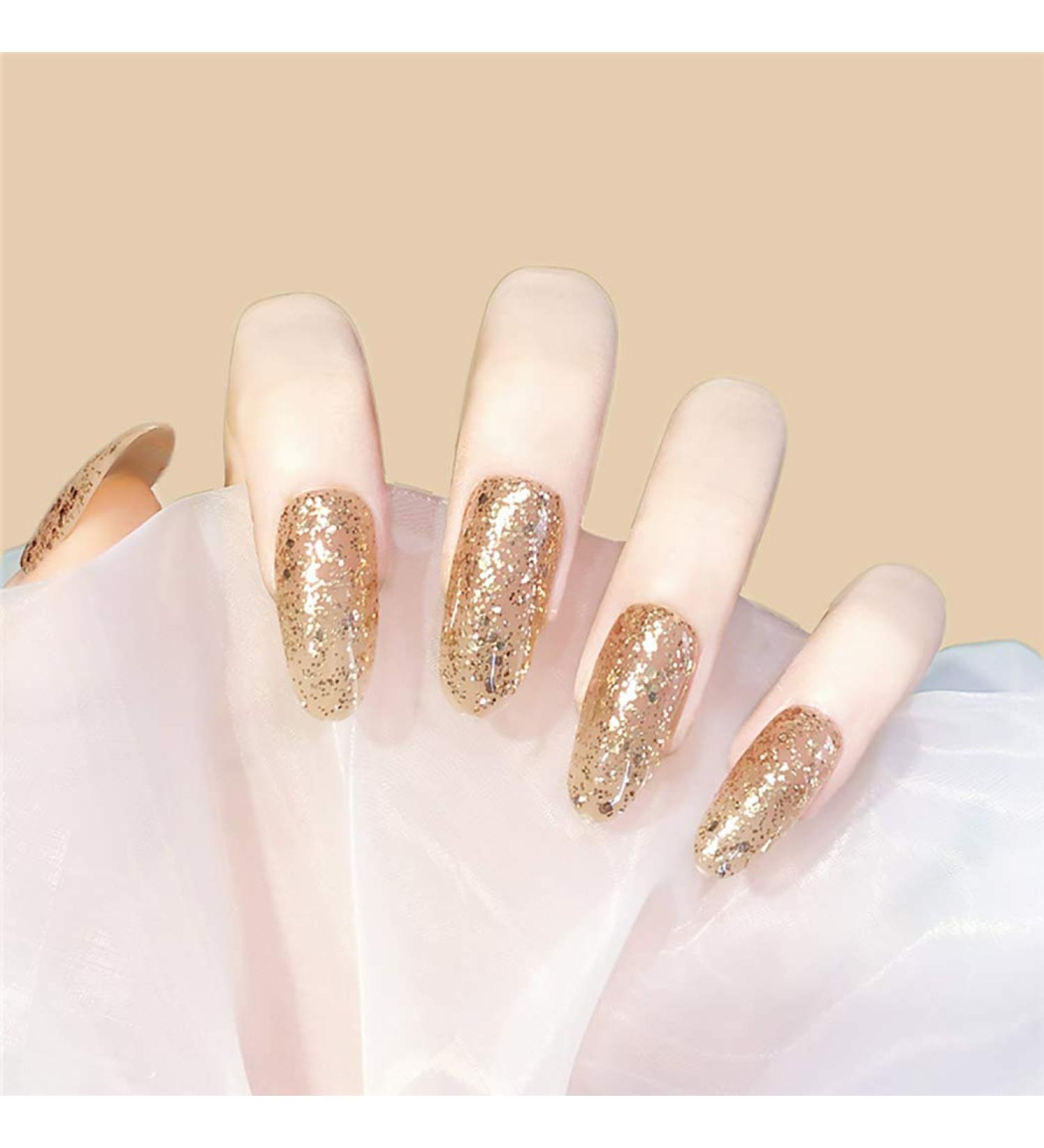 Sethexy Shiny Long Oval False Fingernails - Sparkle Champagne 24pcs Complete Coverage Acrylic Press-On Nail Tips for Women & Girls - Buy Online on GoSupps.com