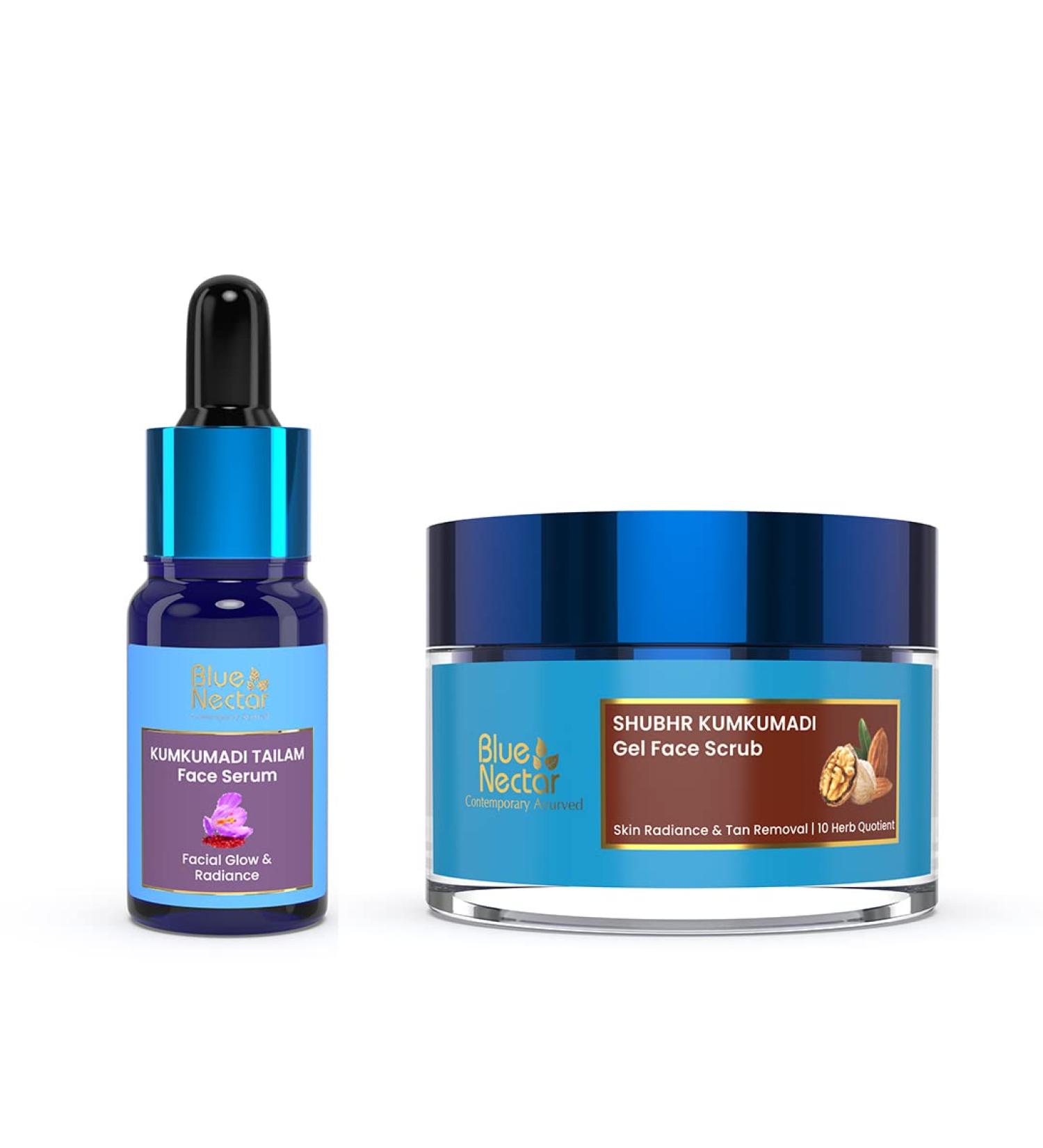 Buy Blue Nectar Kumkumadi Face Oil & Walnut Gel Face Scrub - Natural Herbal Skincare for Men & Women - Exfoliating & Nourishing - International Shipping Available - Buy Online on GoSupps.com