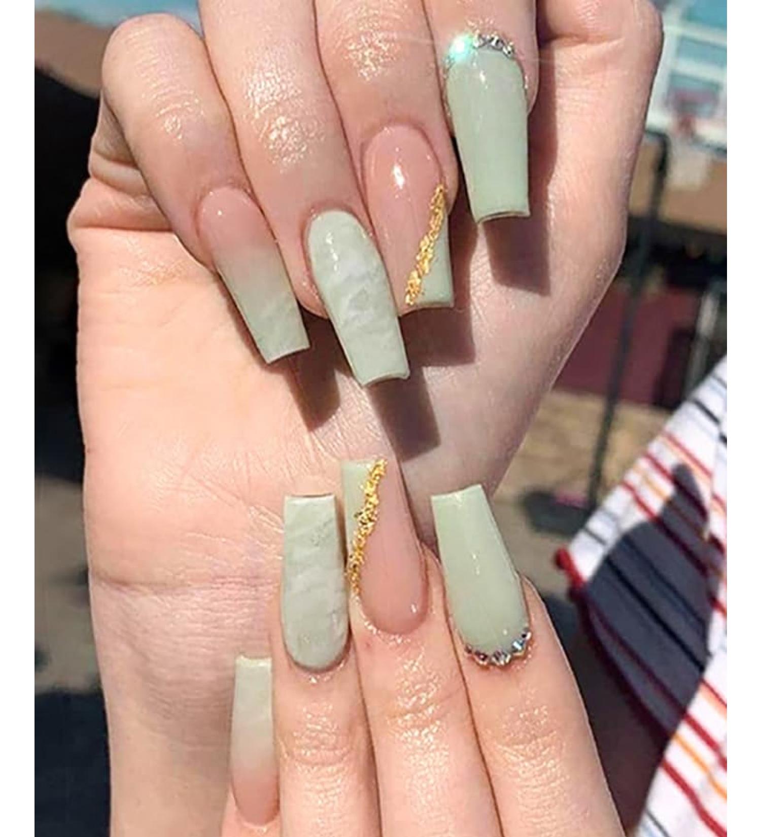 Brishow Coffin Artificial Nails - Long Pink Green Bellarina Acrylic Press-On Nails - 24pcs for Women & Girls | International Shipping - Buy Online on GoSupps.com