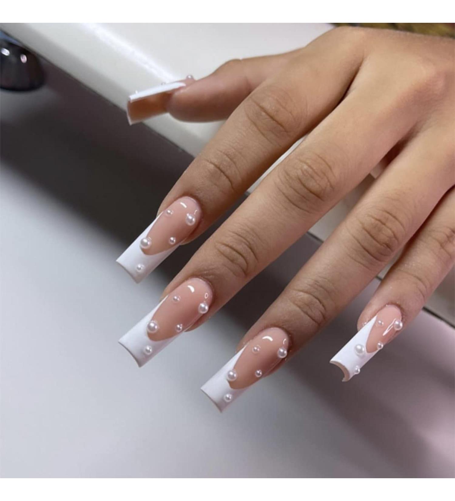 Justotry 24 Pcs False Nails Long with Pearls Milky White French Press On Nails - Pretty Ballerina Stick On Nails for Women Acrylic Coffin Fake Nails Medium - Nail Art Pearls & Milky Design - Buy Online on GoSupps.com