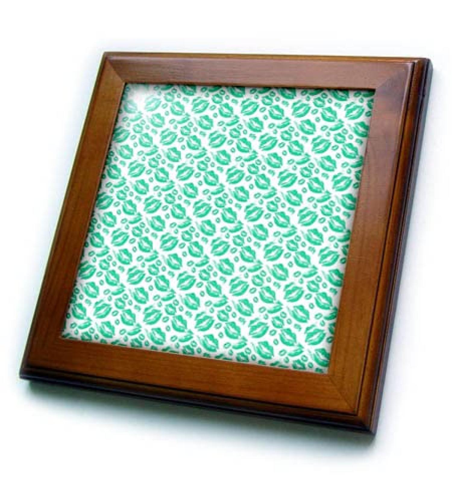 3dRose 8x8 Framed Tile - Two Kisses Collided Lip Affectionate Aqua Colored Lips Pattern Pattern - Lipstick Kisses