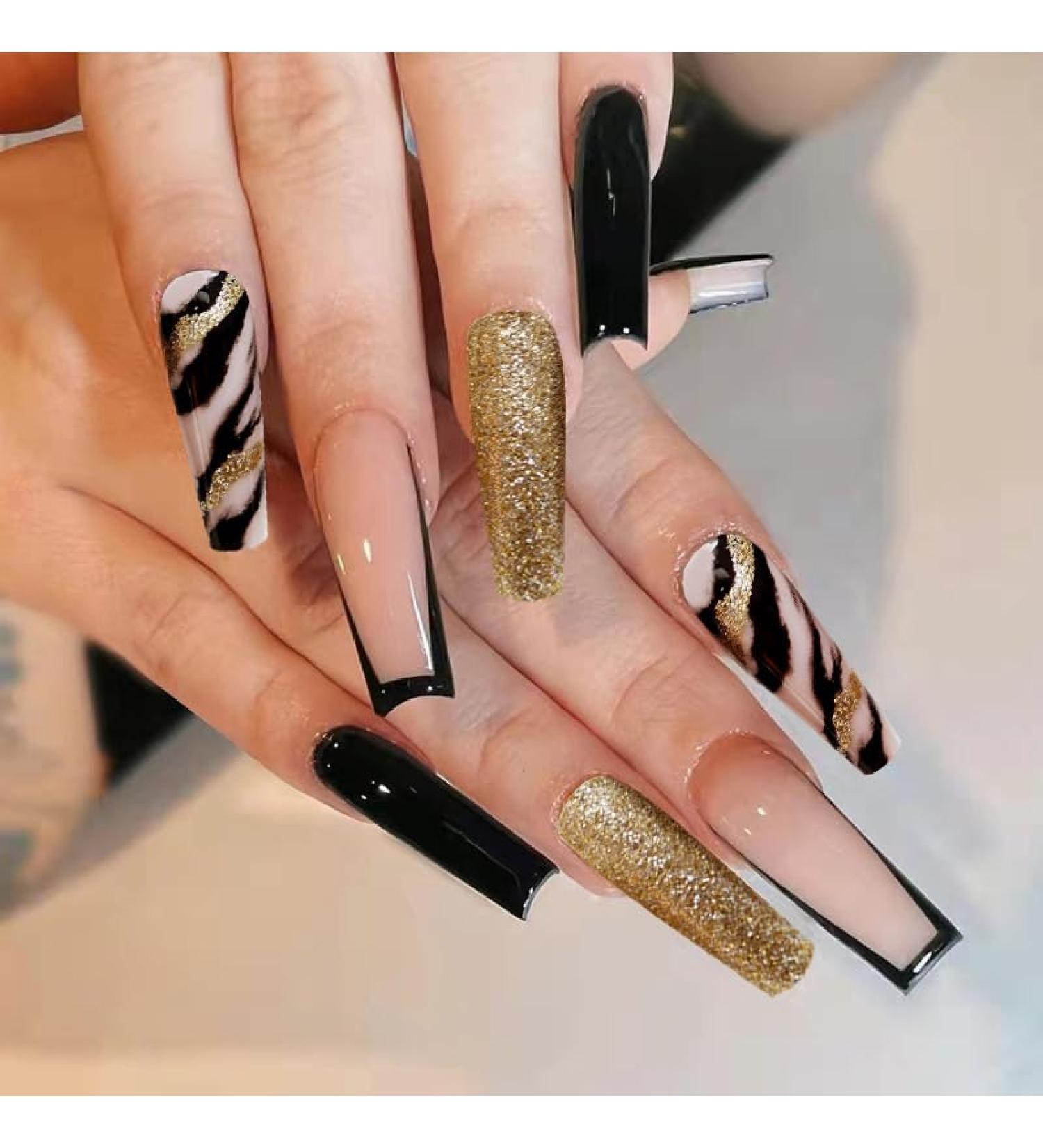French Tip Press on Nails - Long T Press On Nails with Nail Tips glitter black gold false nails press on nails Acrylic False Nails Cute Artificial Nails - Buy Online on GoSupps.com