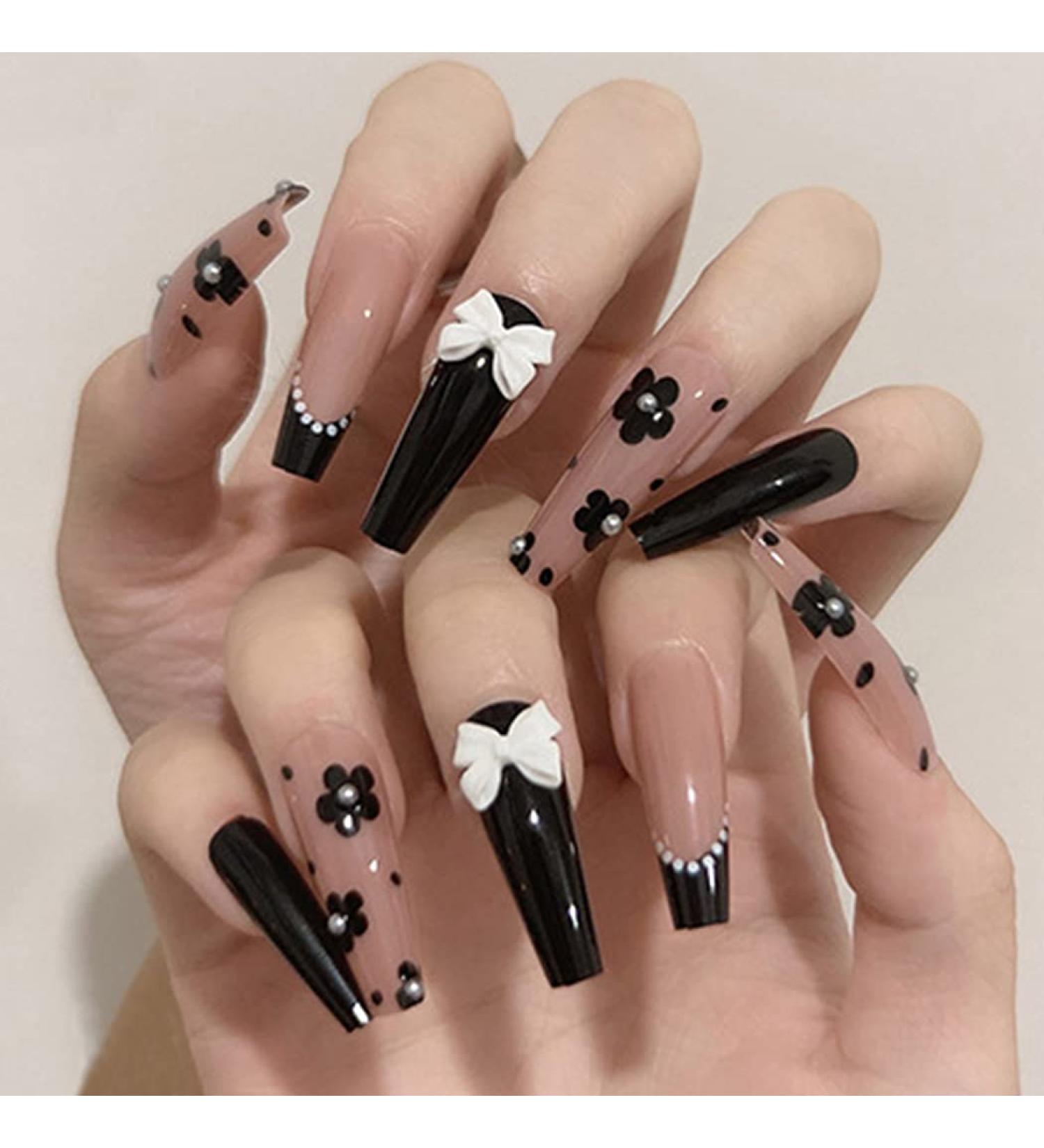 Aksod Cute Long Coffin Press on Nails Black Glossy Flower Bow French False Nails 24Pcs (Style C) - Halloween Ballerina Full Cover Stick on Nails for Women and Girls - Buy Online on GoSupps.com