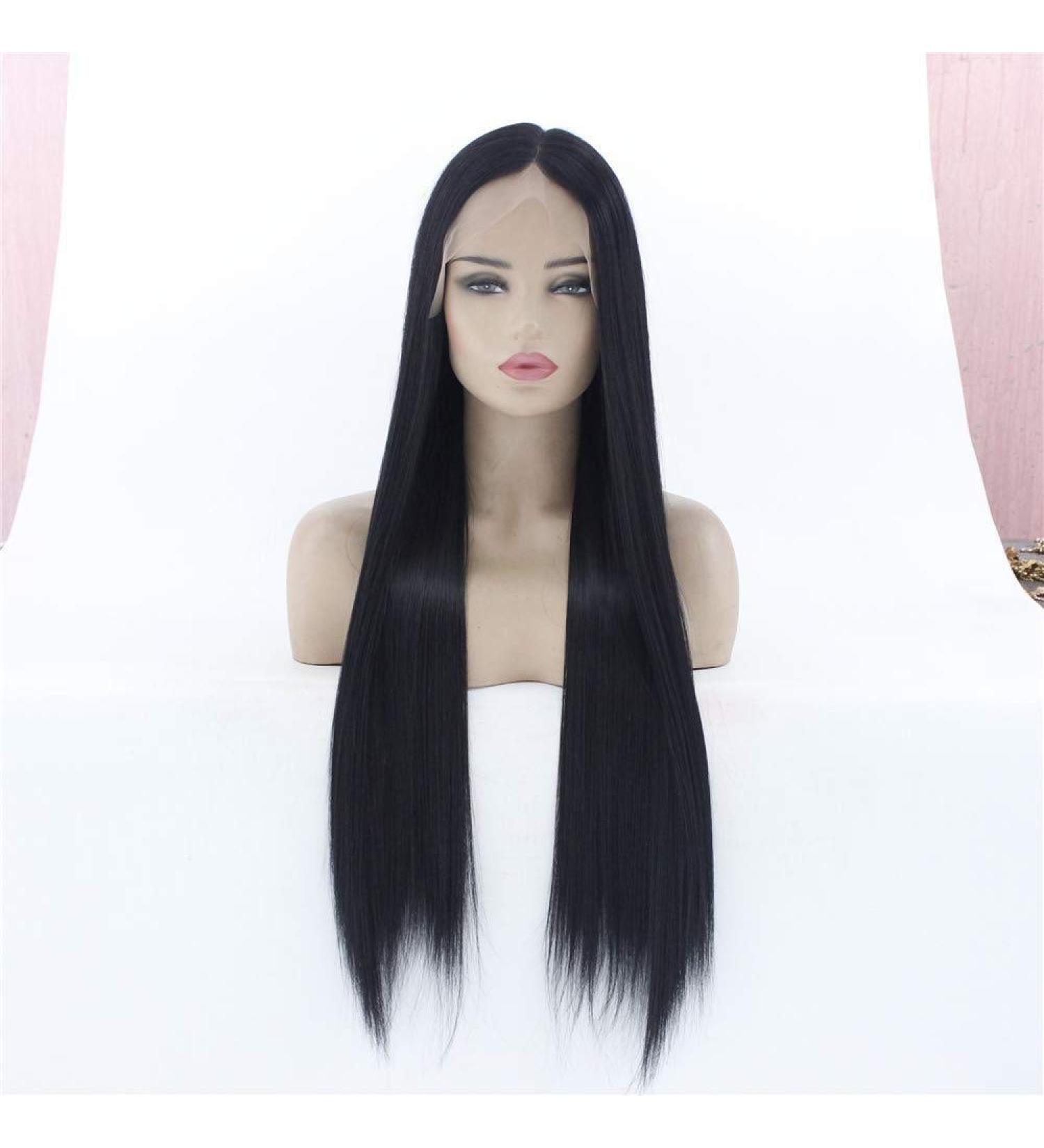 Buy Large Size Front Lace Wig for Women - Long Straight Black Hair - High-Quality Chemical Fiber Wig - Buy Online on GoSupps.com
