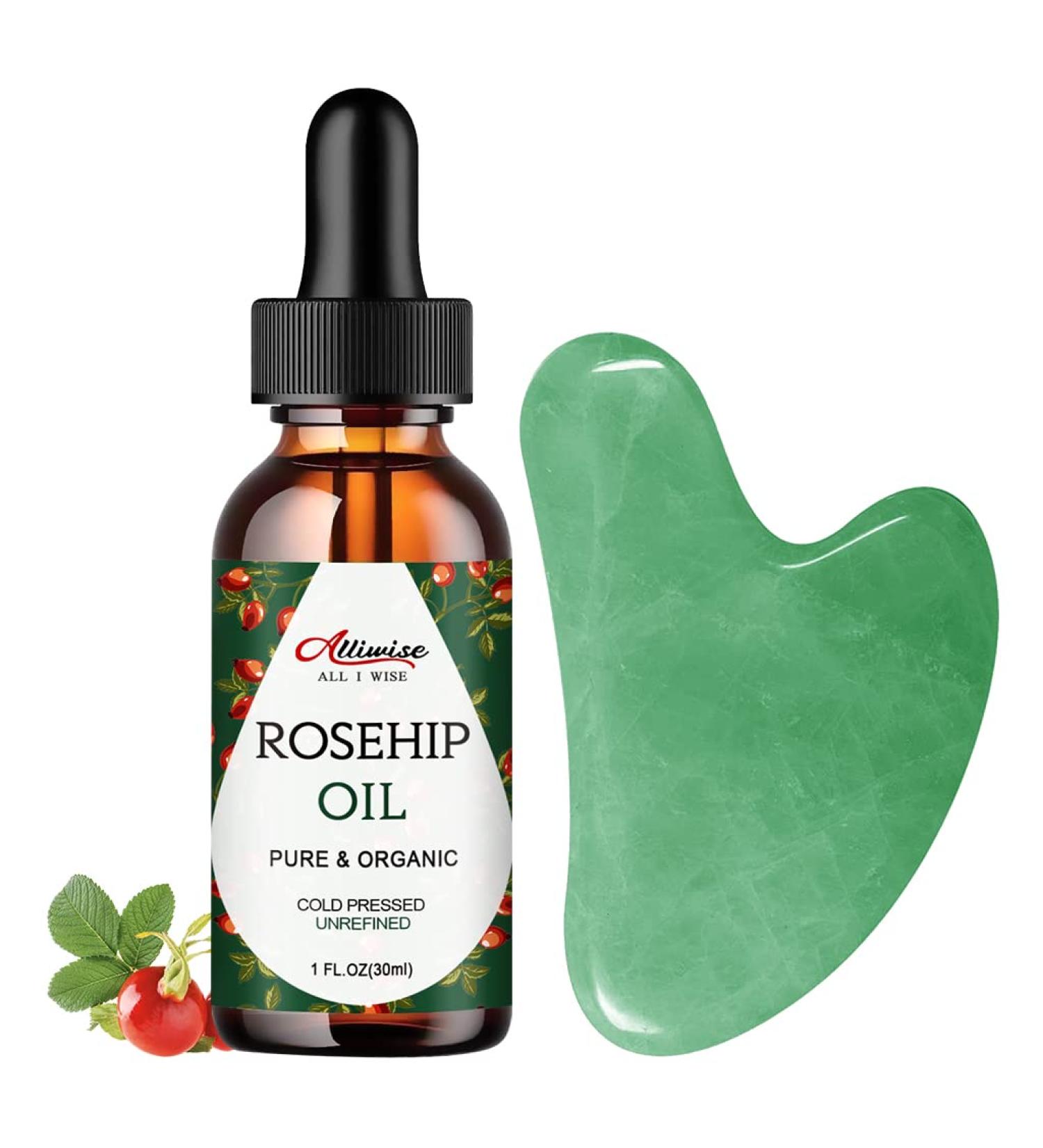 Gua Sha Facial Tools Set with Natural Jade Stone for Anti-Aging Massage - Includes Rosehip Face Oil for Puffiness and Fine Lines - 30ml - Buy Online on GoSupps.com