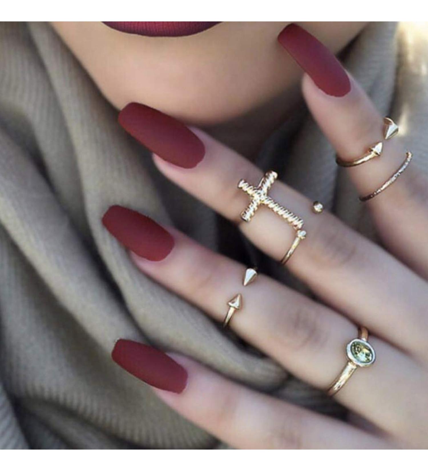 Flora Matte Ballerina Fake Nails - Vine Red Medium Press-On Nails for Women & Girls (24 Pieces) - Full Cover Artificial Nails - Buy Online on GoSupps.com