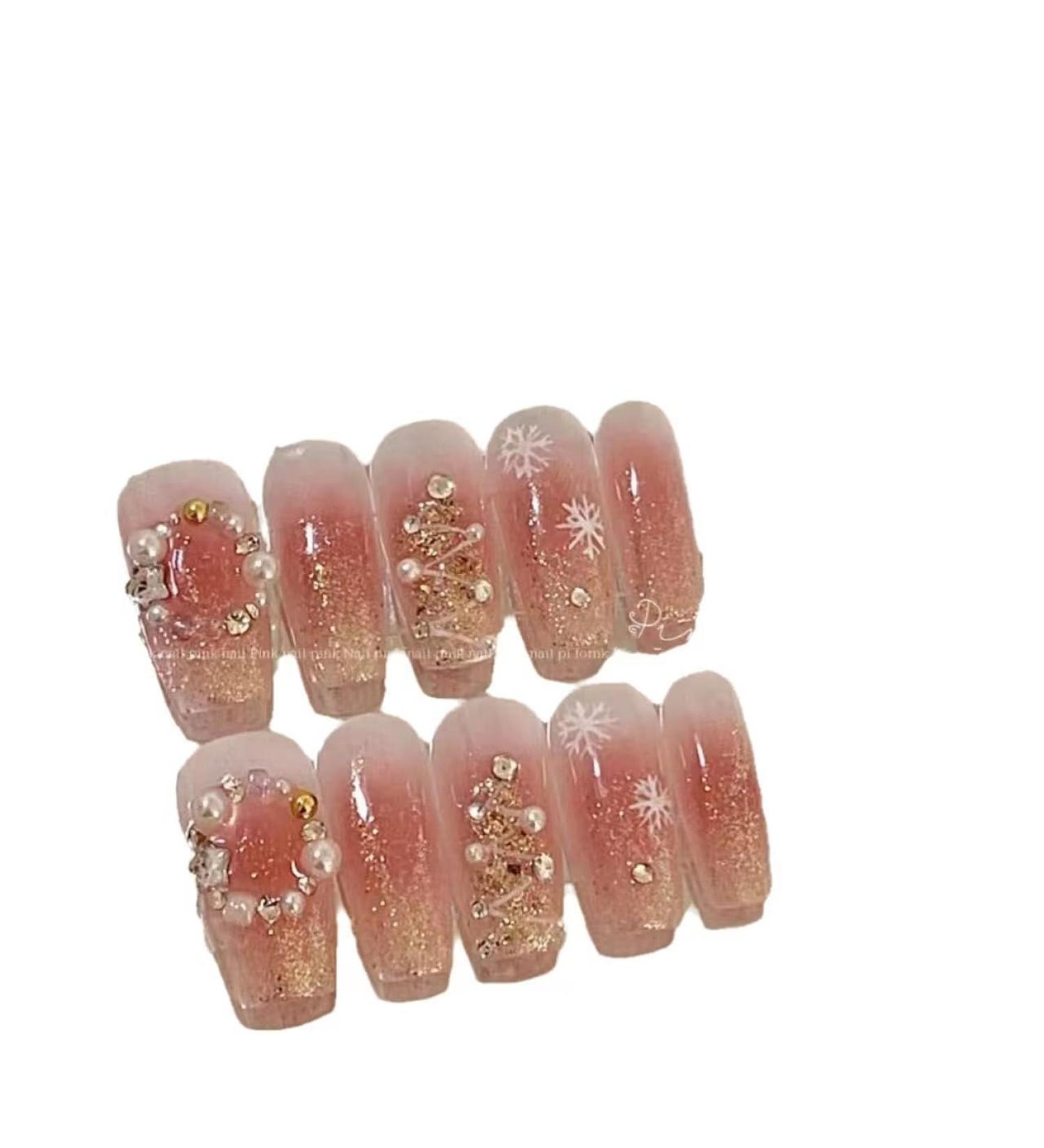 24Pcs/Set Press On Nails Christmas New French Powder Blusher Snowflake False Nails Acrylic Fake Nails Full Cover Nails Tips Artificial Finger Manicure Press on nails for Women and Girls - Buy Online on GoSupps.com