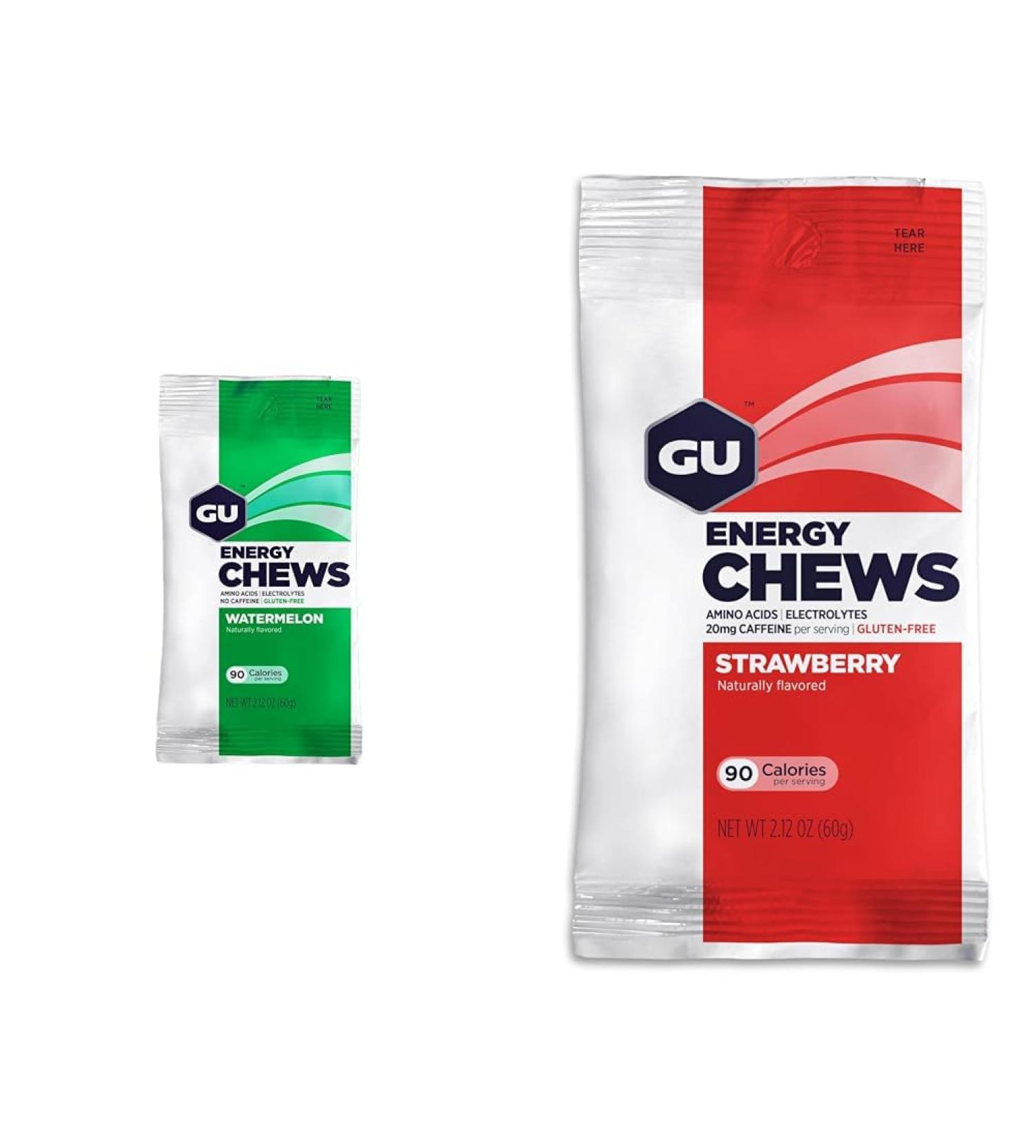 GU Energy Chews Watermelon & Strawberry Flavor Bags with Electrolytes Vegan Gluten-Free Kosher Caffeine-Free/20mg Caffeine 12 Bags (24 Servings Total) Bundle - Buy Online on GoSupps.com