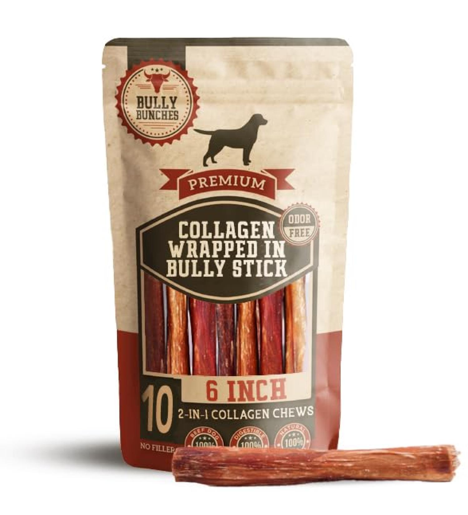 Bully Bunches Collagen Wrapped in Beef Bully Stick | All-Natural Long Lasting Dog Chew | Dental Stick for Avid Chewers (6 Inch 10 Pack) - Buy Online on GoSupps.com