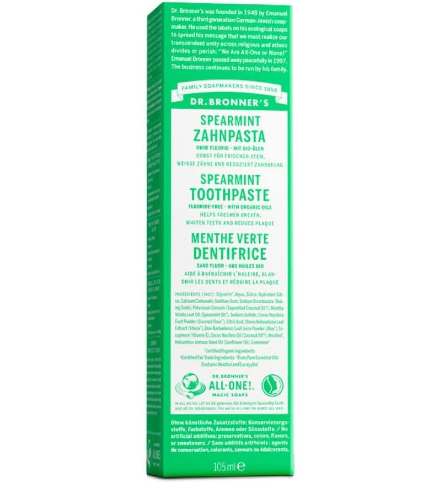 Dr Bronner's Dr Bronners Spearmint Toothpaste without flouride vegan with organic and fair trade coconut oil 5 tubes of 105 ml each