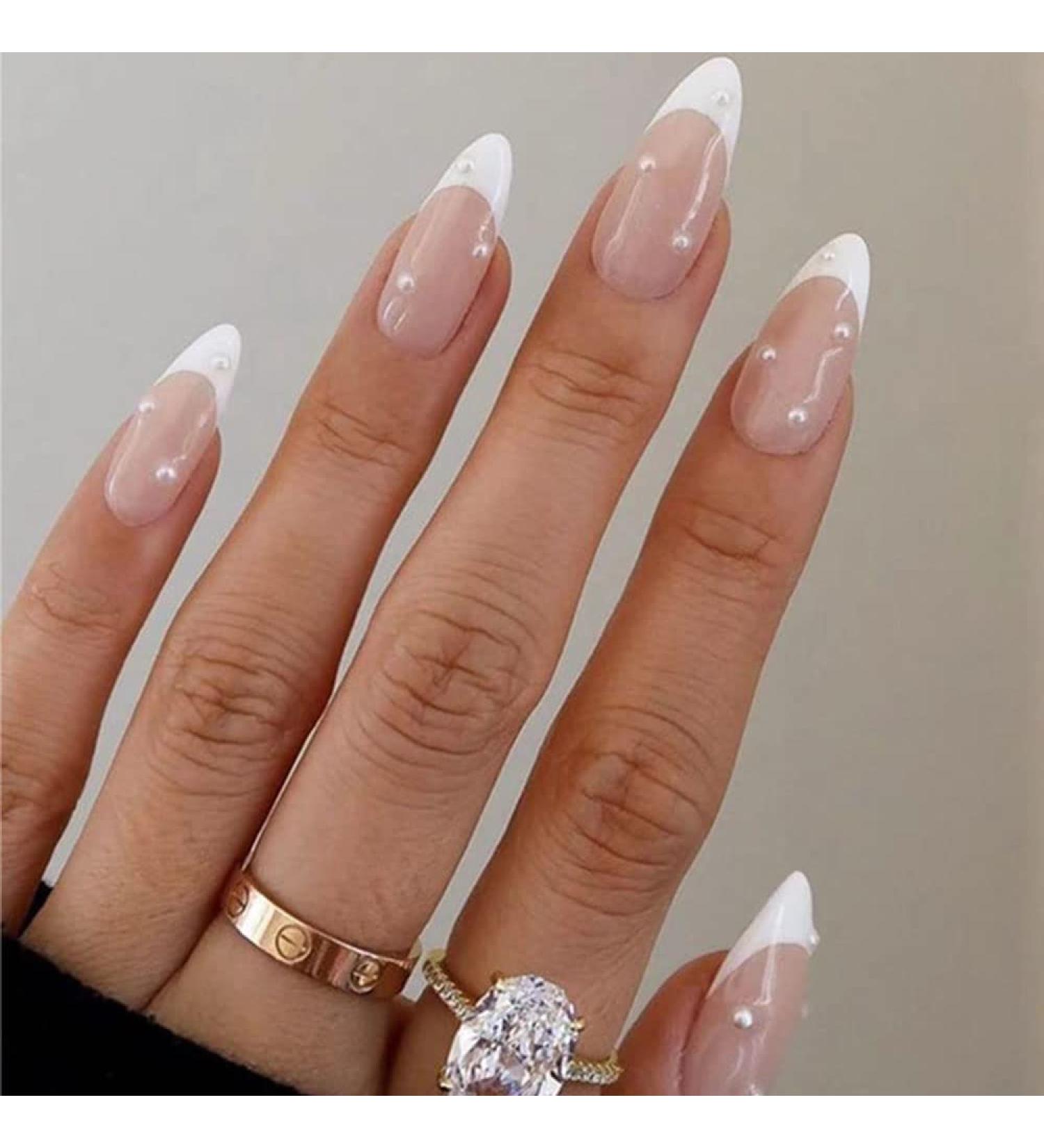 Canvalite French Tip Press On Nails Medium - Pearl Almond Short Glue On Nails - 24 Nail Kit with Adhesive Tabs - Reusable Fake Nails - White French with Pearl - Buy Online on GoSupps.com