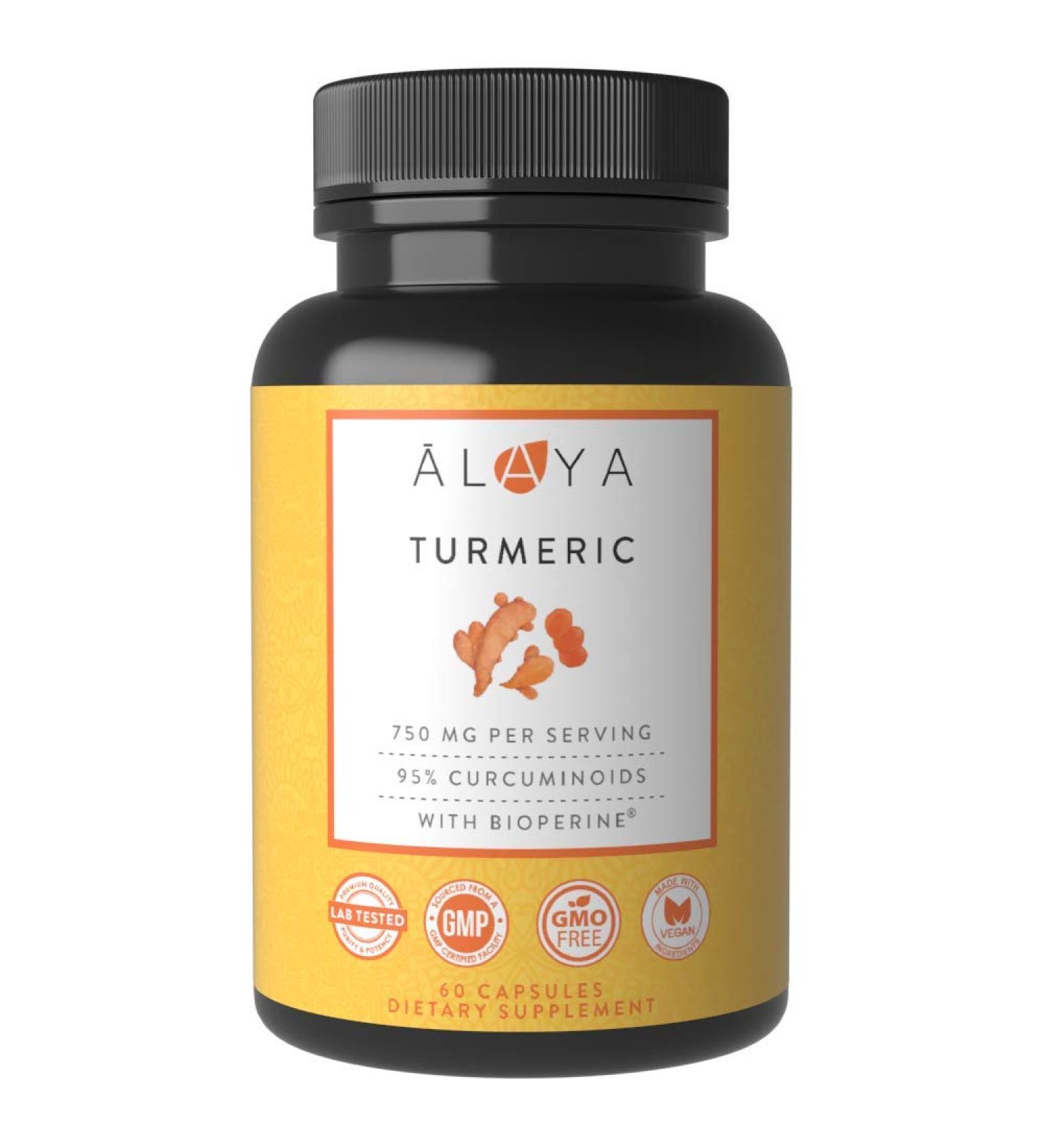 Alaya Naturals Premium Turmeric Curcumin with Bioperine - 750mg, 95% Curcuminoids, High Absorption, Non-GMO - Lab Tested - Buy Online on GoSupps.com