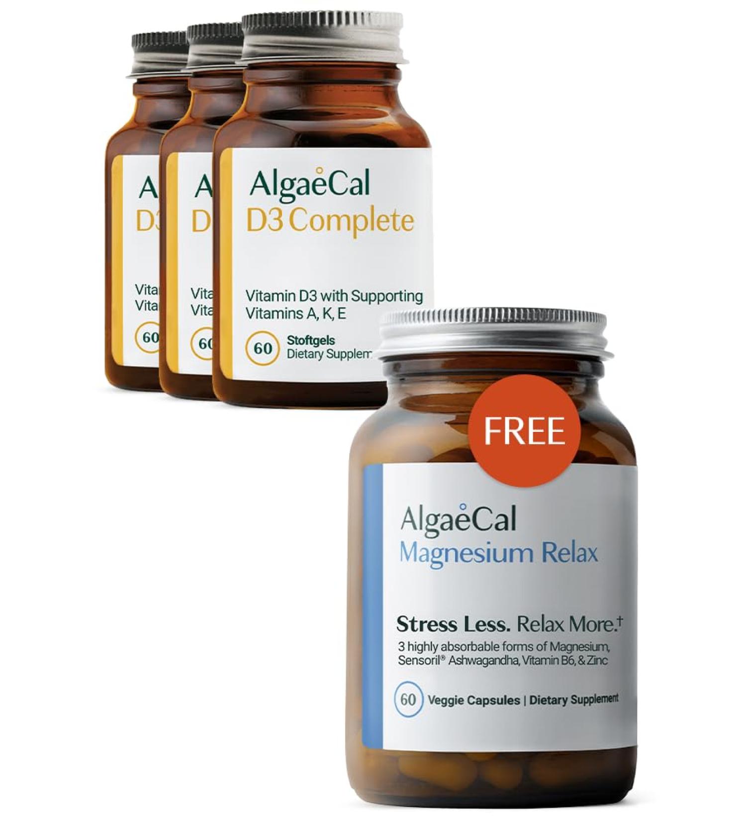 ALGAECAL 4-in-1 Vitamin D3 K2 Complete - ADK Vitamin Supplement for Immune Support & Bone Health Whole Body Wellness 3 Month Supply + Free Magnesium Relax (60 caps) - Buy Online on GoSupps.com