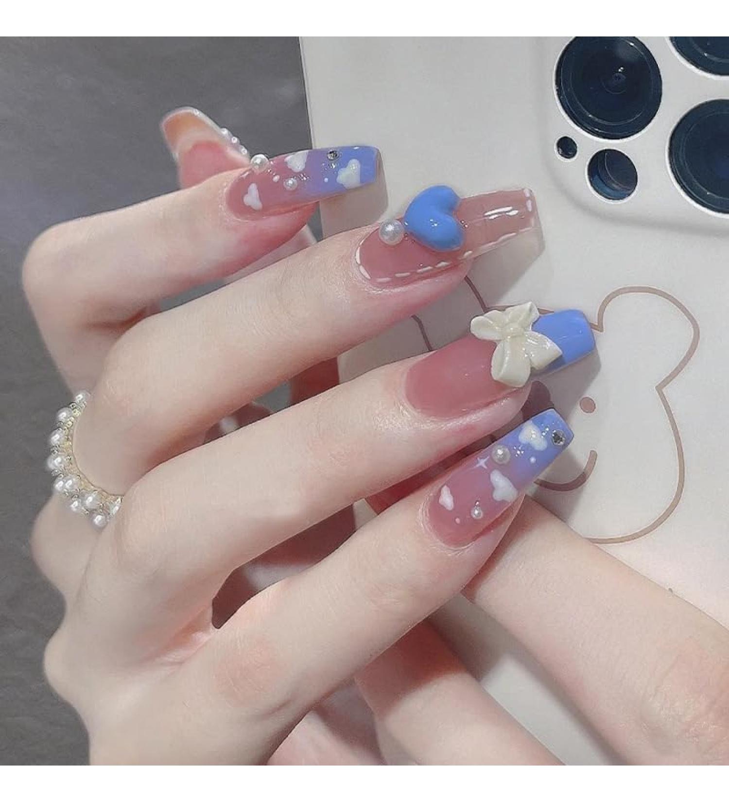 24Pcs/Set Press On Nails Blue gradient cloud pearl bow long fake nails Acrylic Fake Nails Full Cover Nails Tips Artificial Finger Manicure Press on nails for Women and Girls - Buy Online on GoSupps.com
