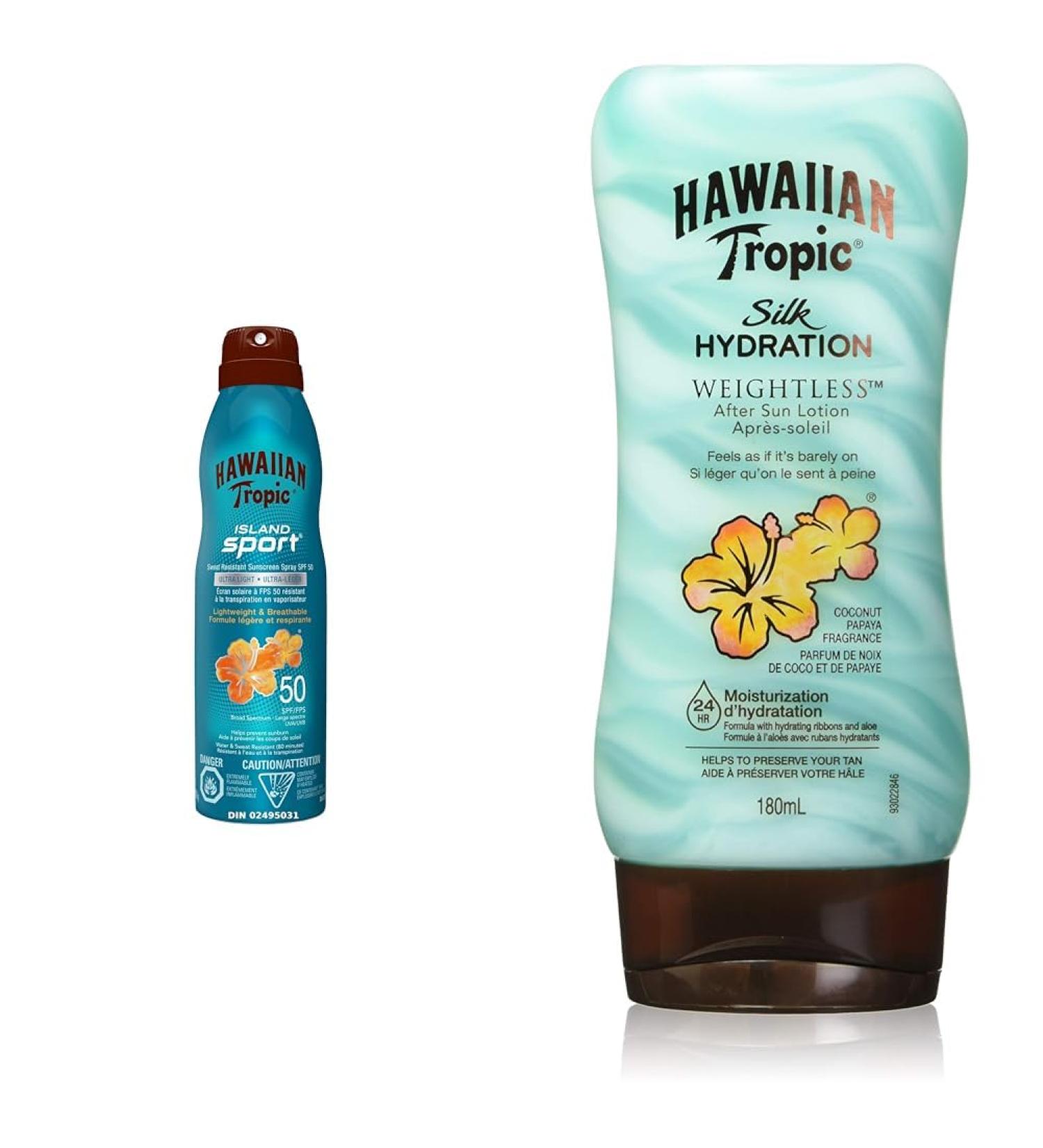 Hawaiian Tropic Island Sport Ultra-light Sport Sunscreen Spray SPF 50 Broad Spectrum Protection 170g & Silk Hydration Weightless After Sun Lotion 180 Milliliters - Buy Online on GoSupps.com