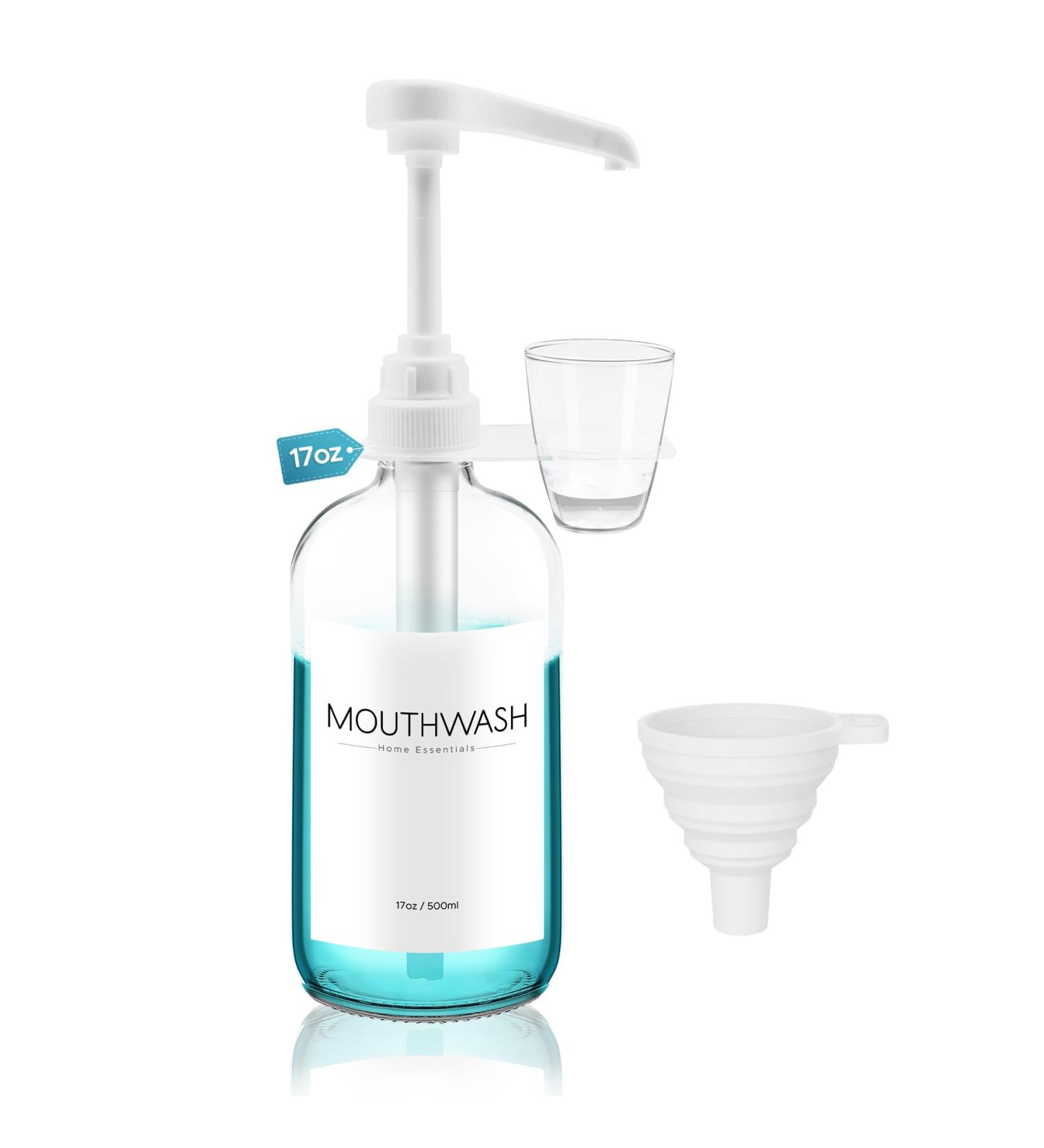 Buy Oylik Mouthwasher - Refillable Transparent Bathroom Glass with Cup Holder & Pump - 480ml - Includes Funnel & Label - Buy Online on GoSupps.com