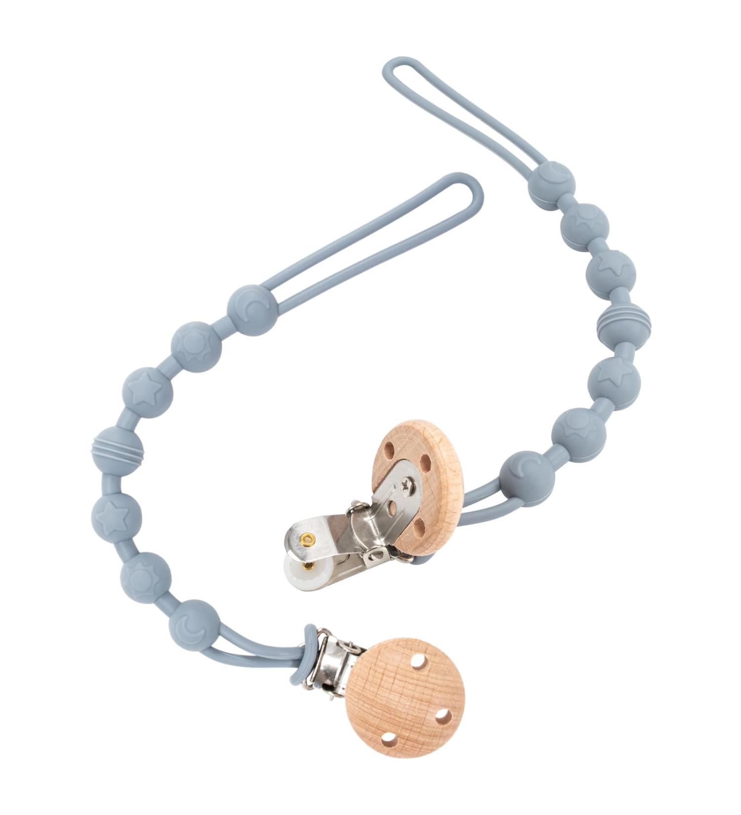 Buy Pacified Chain 2-Pack | Silicone & Wooden Design Pacifier Clips for Boys & Girls | Flexible & Soft Holders in Gray Blue - International Shipping Available - Buy Online on GoSupps.com