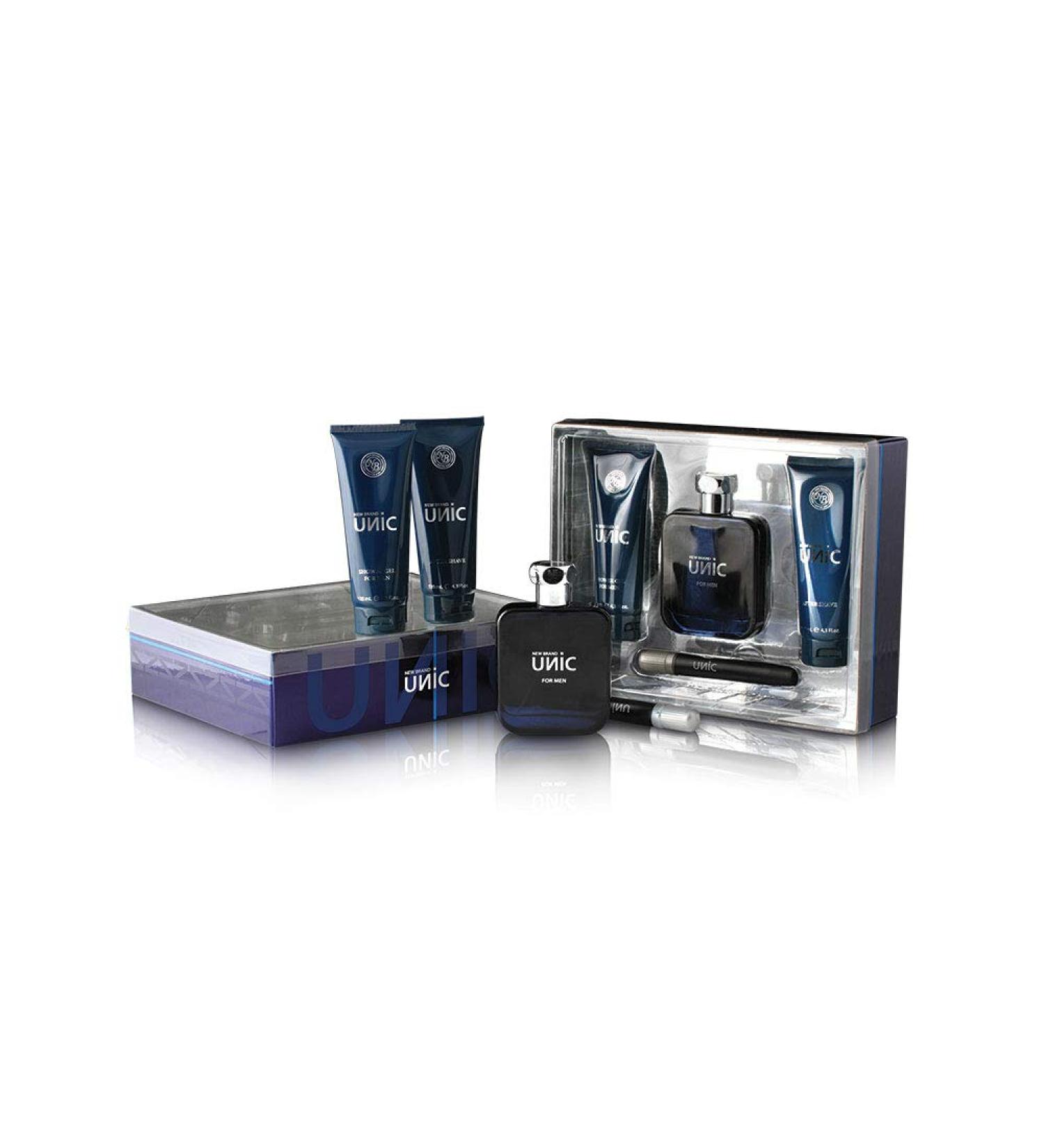 New Brand Unic for Men - 4 Pc Gift Set 3.3oz EDT Spray 4.3oz Shower Gel 4.3oz After Shave 0.5oz EDT Spray