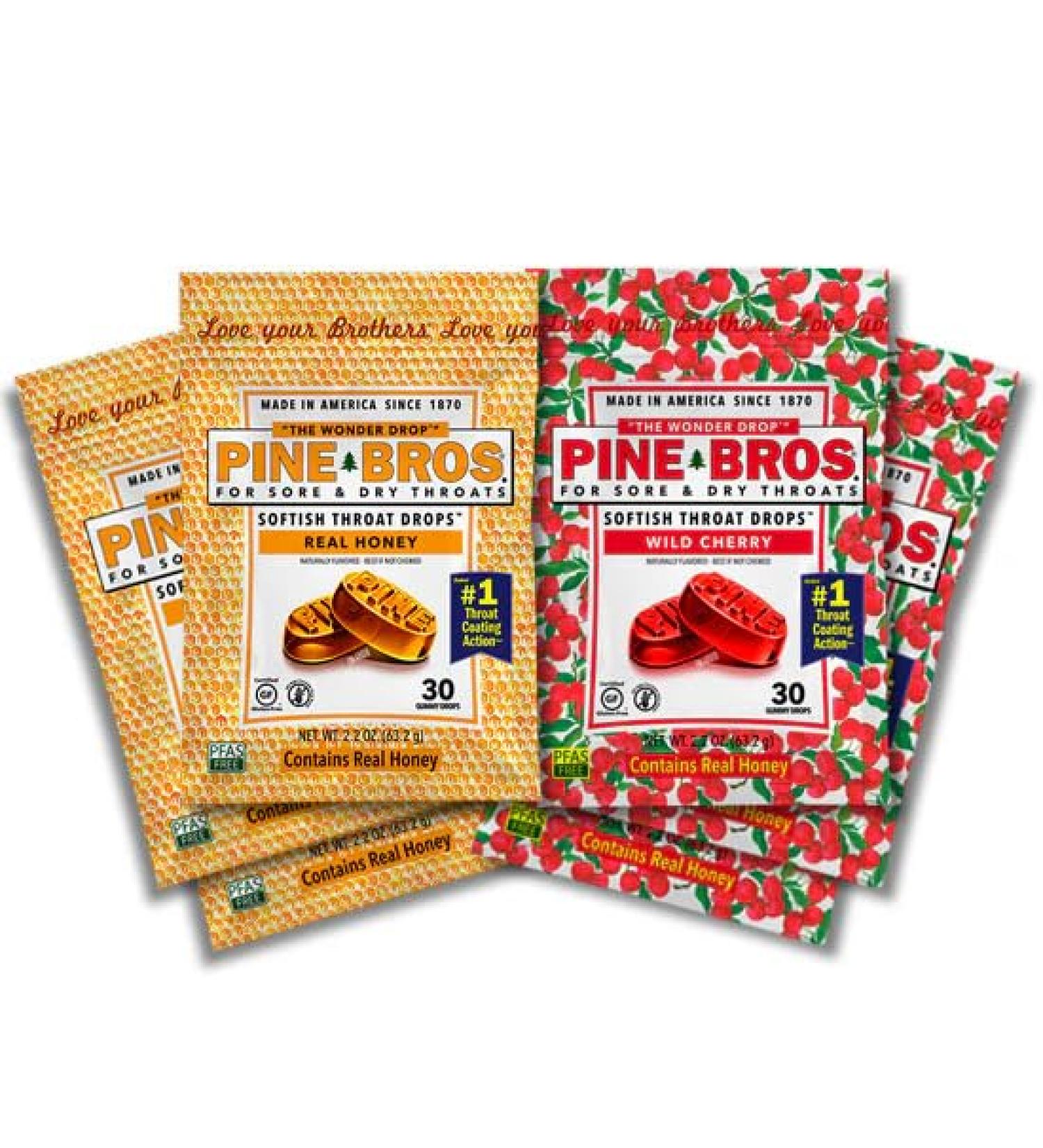 Pine Bros. Sore Throat Drops 30 Count 24 Bags- 12 Bags Wild Cherry 12 Bags Honey