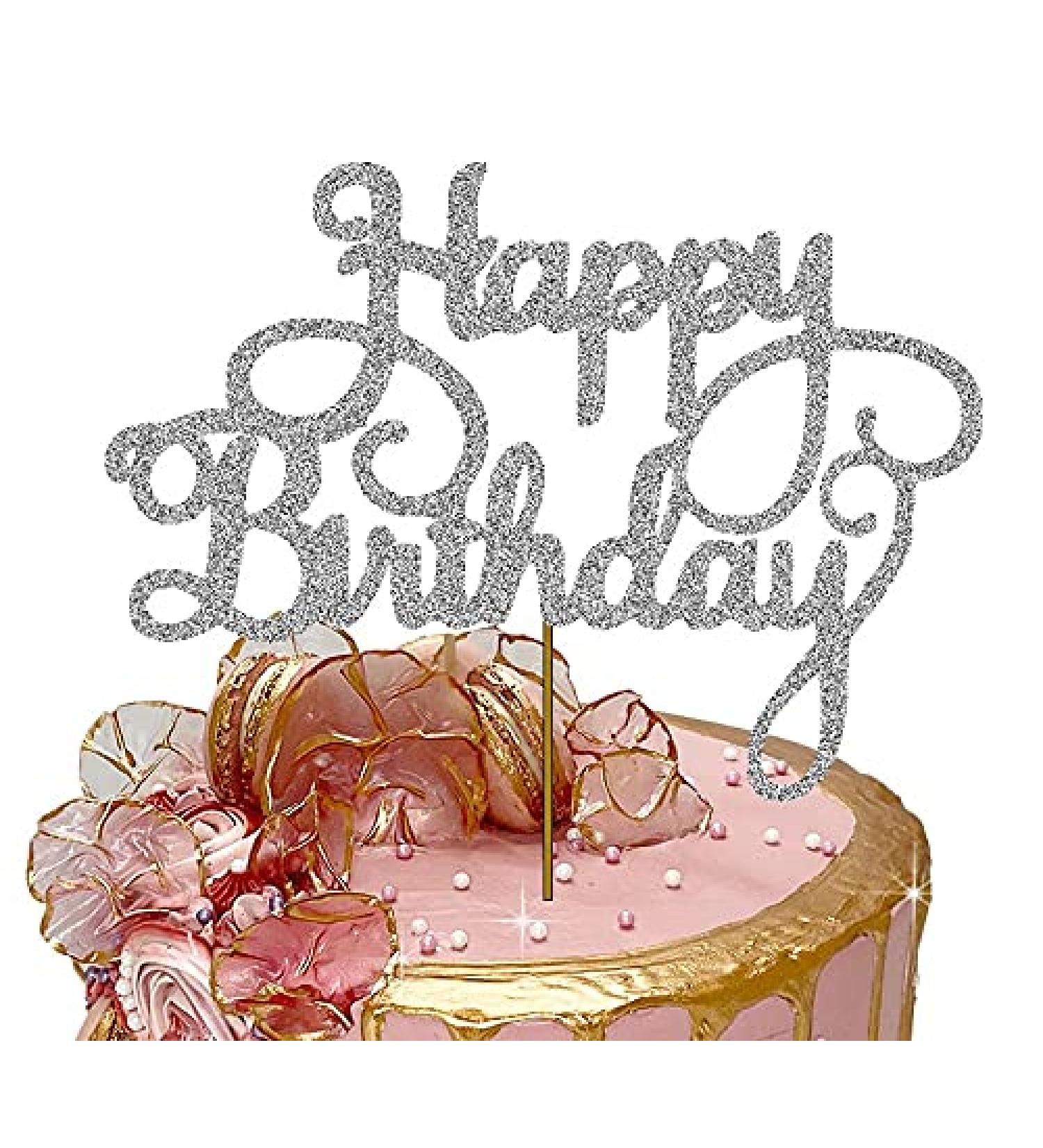 Happy Birthday Cake Topper Glitter Cardstock Toppers - Birthday Decor - Party Decor Supplies - Cake Decoration Items - Glitter Cake Topper - 7 Inches x 5 Inches - Silver - Buy Online on GoSupps.com
