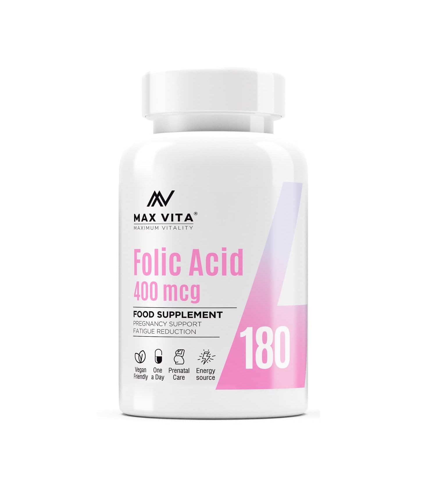 Folic Acid 400 mcg Vitamin B9 for Pregnancy, Maternal Tissue Growth & Immune System Support - 180 Vegan Tablets - Buy Online on GoSupps.com