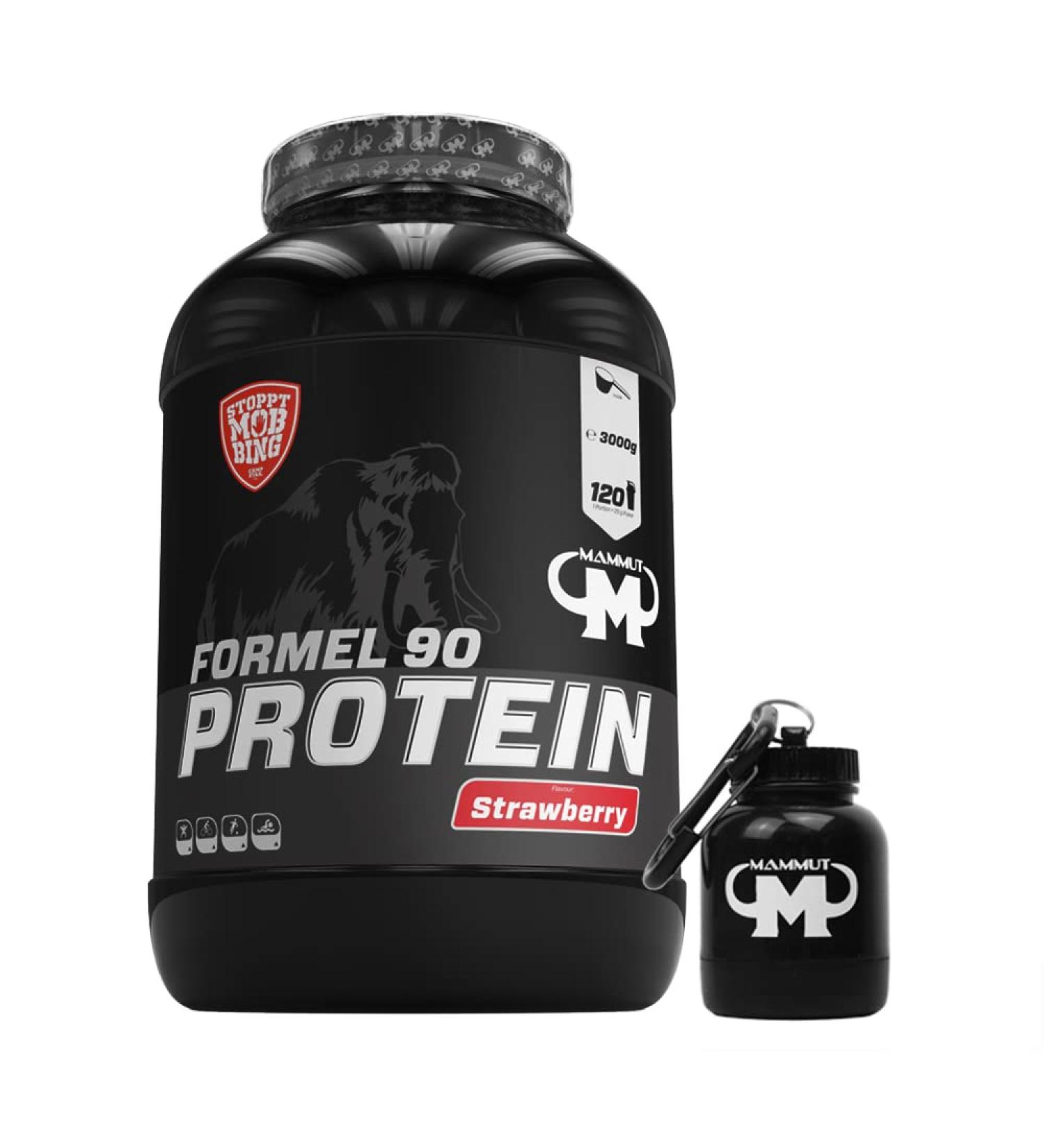 Buy 3kg Mammut Formula 90 Protein Shake - Strawberry Flavor + Powderbank | Best International Shipping - Buy Online on GoSupps.com