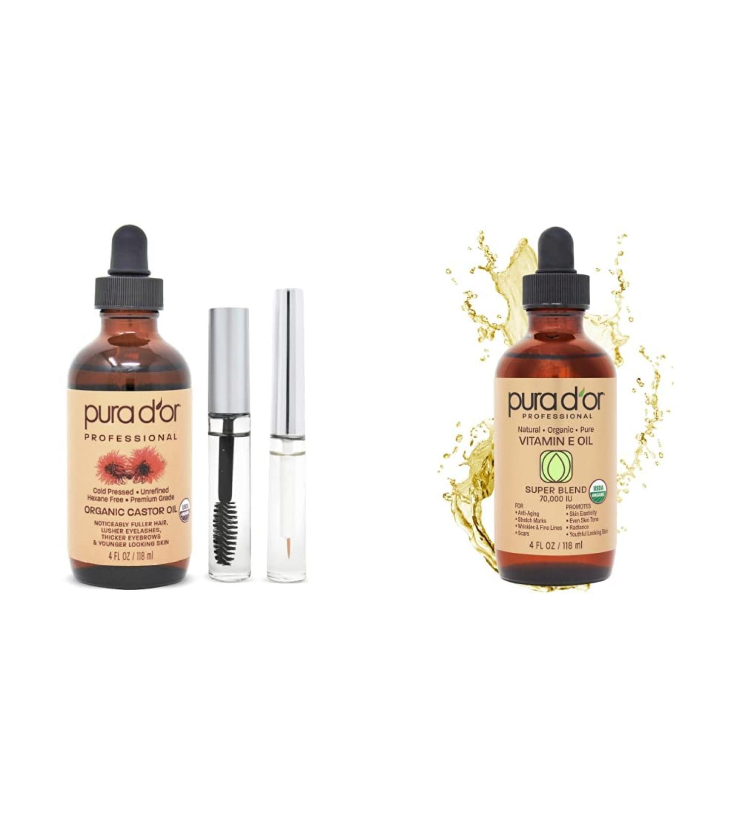 PURA D'OR Organic Castor Oil & Vitamin E Serum 70,000 IU - Cold Pressed, Hexane Free, 100% Natural Blend with Sweet Almond, Apricot, Jojoba & Argan - Buy Online on GoSupps.com
