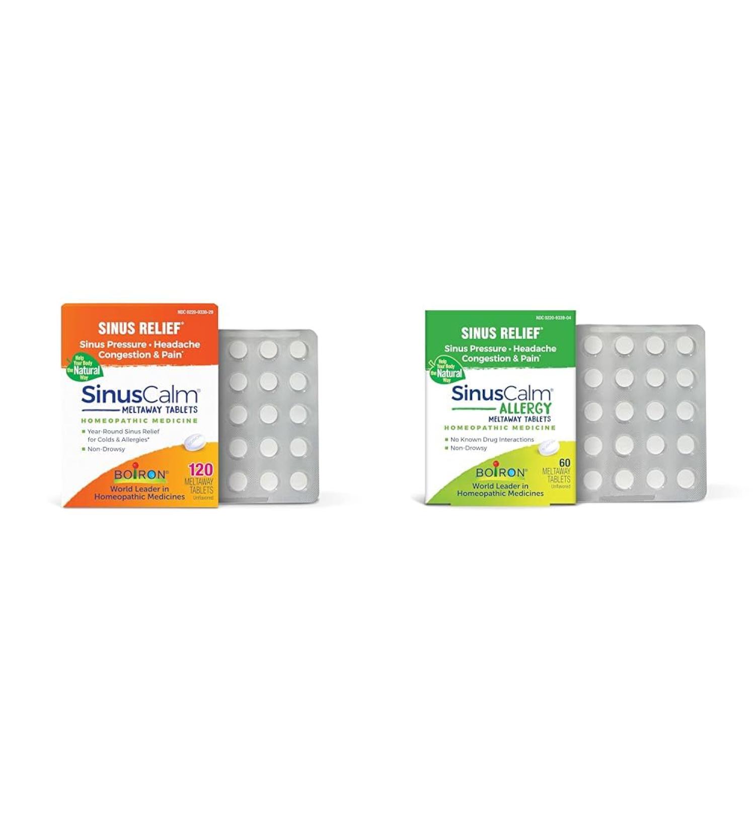 Boiron SinusCalm Tablets for Sinus Relief Runny Nose - 120 Count & SinusCalm Allergy Tablets for Sinus Pressure Relief - 60 Count - Buy Online on GoSupps.com