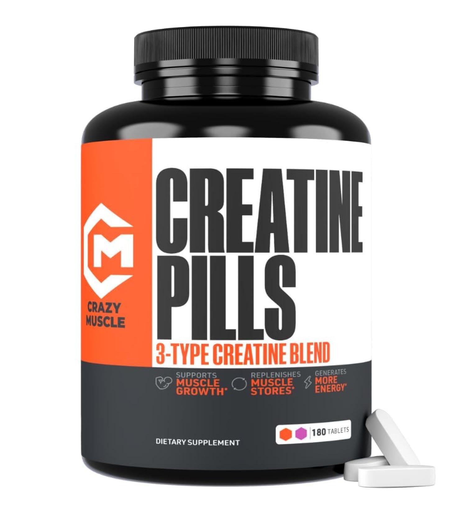 Crazy Muscle Creatine Monohydrate Pills Premium 3 Type 5g Creatine Pills Pre and PostWorkout & Keto Energy Builder Easy to Take Three-Atine for Optimum Performance Men Women 180 Tablets - Buy Online on GoSupps.com