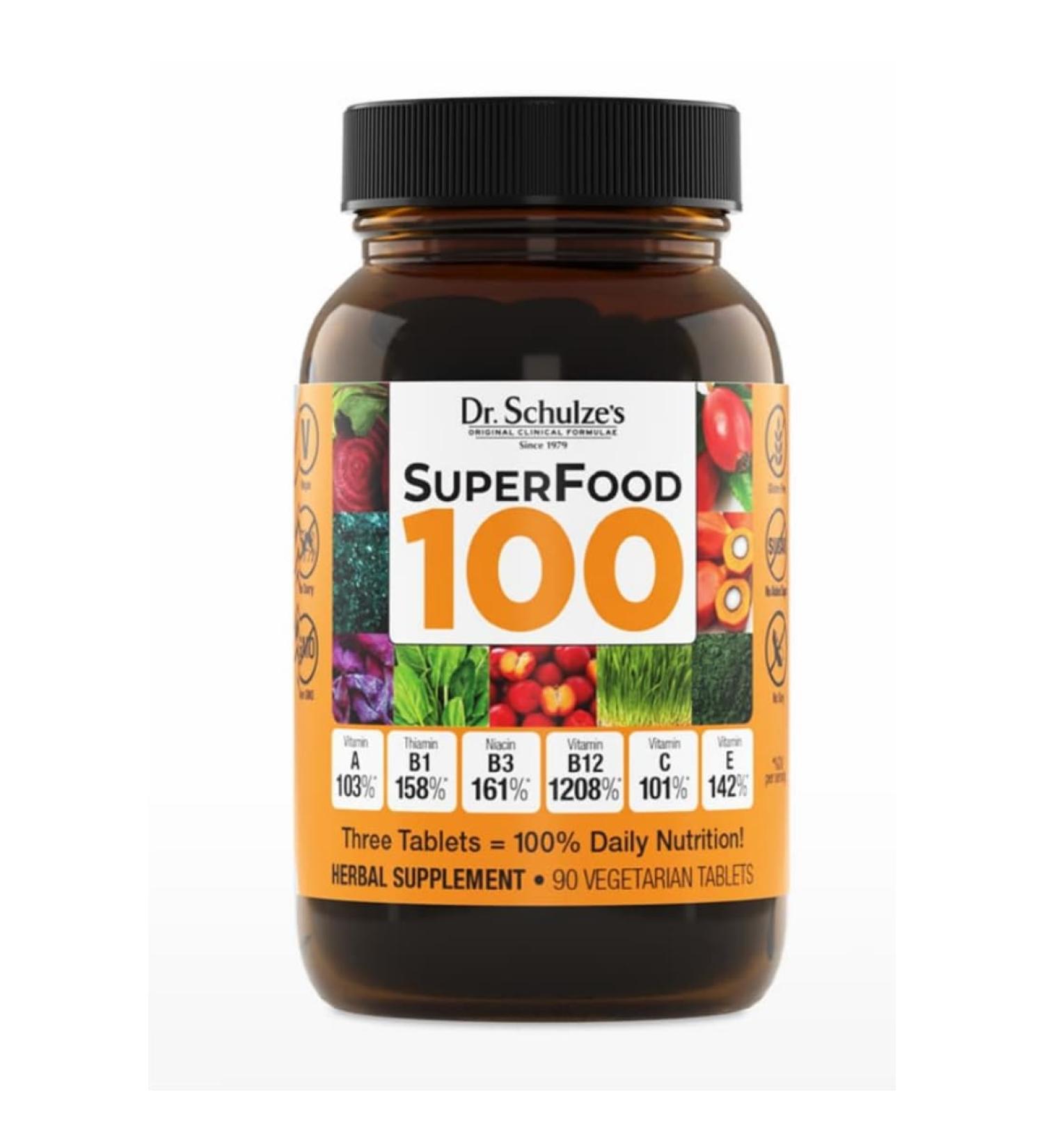 Dr. Schulze's SuperFood 100 - Everyday Superfood Supplement to Support Overall Wellness - Mutivitamin Support for Cellular Nutrition & Energy - Clean Ingredients - Gluten-Free & Dairy-Free - 90 Count Natural 90 Count (Pack
