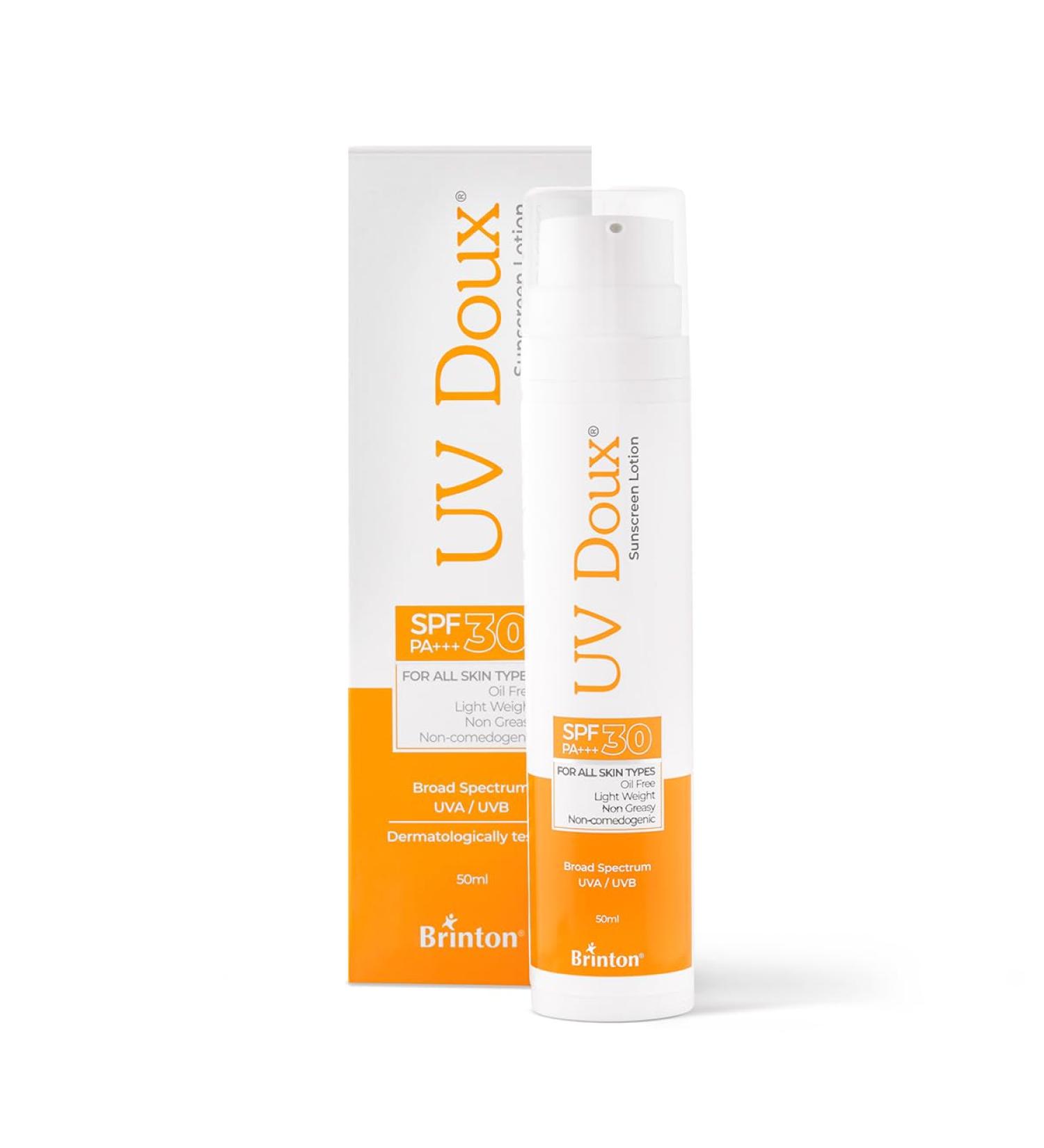Brinton UvDoux Sunscreen Lotion with SPF 30 in Oil Free Formula| Light Weight & Non Greasy Sunscreen|Protection against UVA/UVB Rays| For All Skin Types- 50 ML - Buy Online on GoSupps.com