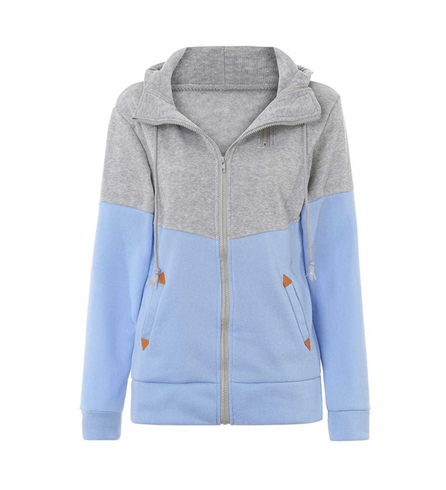 Bigfanshu Women's Double Hooded Sweatshirt Long Sleeve Autumn Spring Coat Patchwork Pocket Zipper Hoodie Plus Size Blue