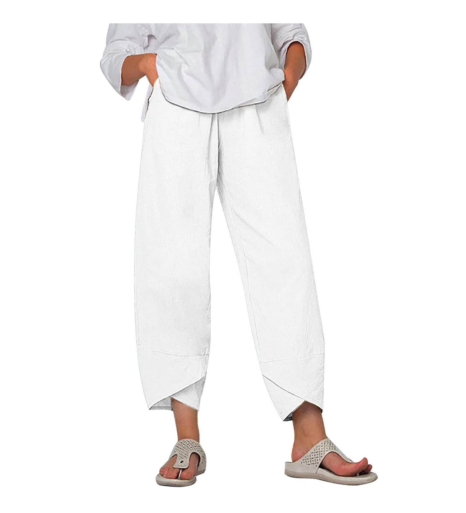 Womens Summer Linen Palazzo Pants High Waist Elastic Relax Fit Yoga Sweatpants - White XX-Large - Buy Online on GoSupps.com