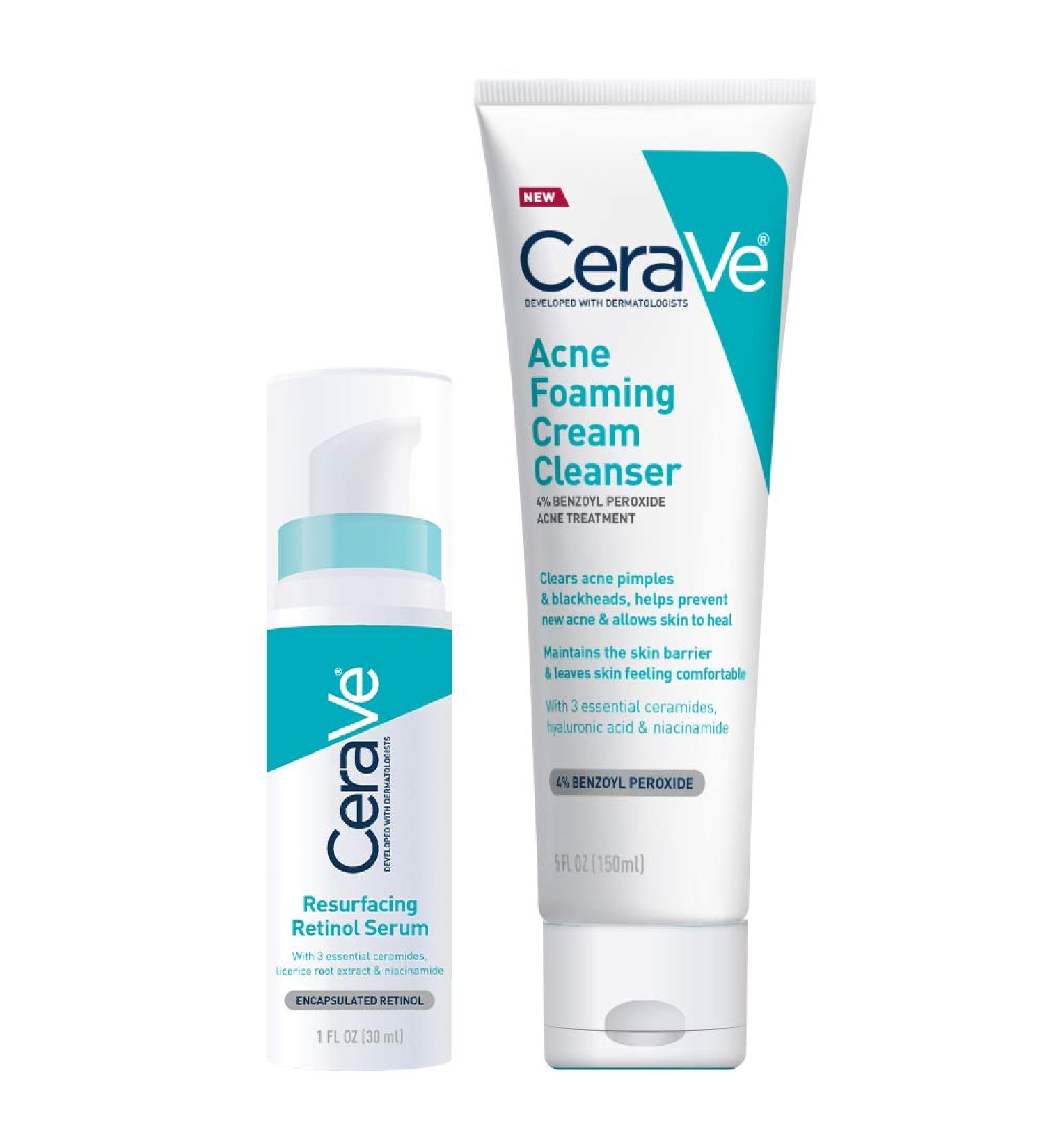 CeraVe Acne Treatment Bundle: Foaming Cream Cleanser & Retinol Serum for Post-Acne Marks - 6oz Total - Buy Online on GoSupps.com