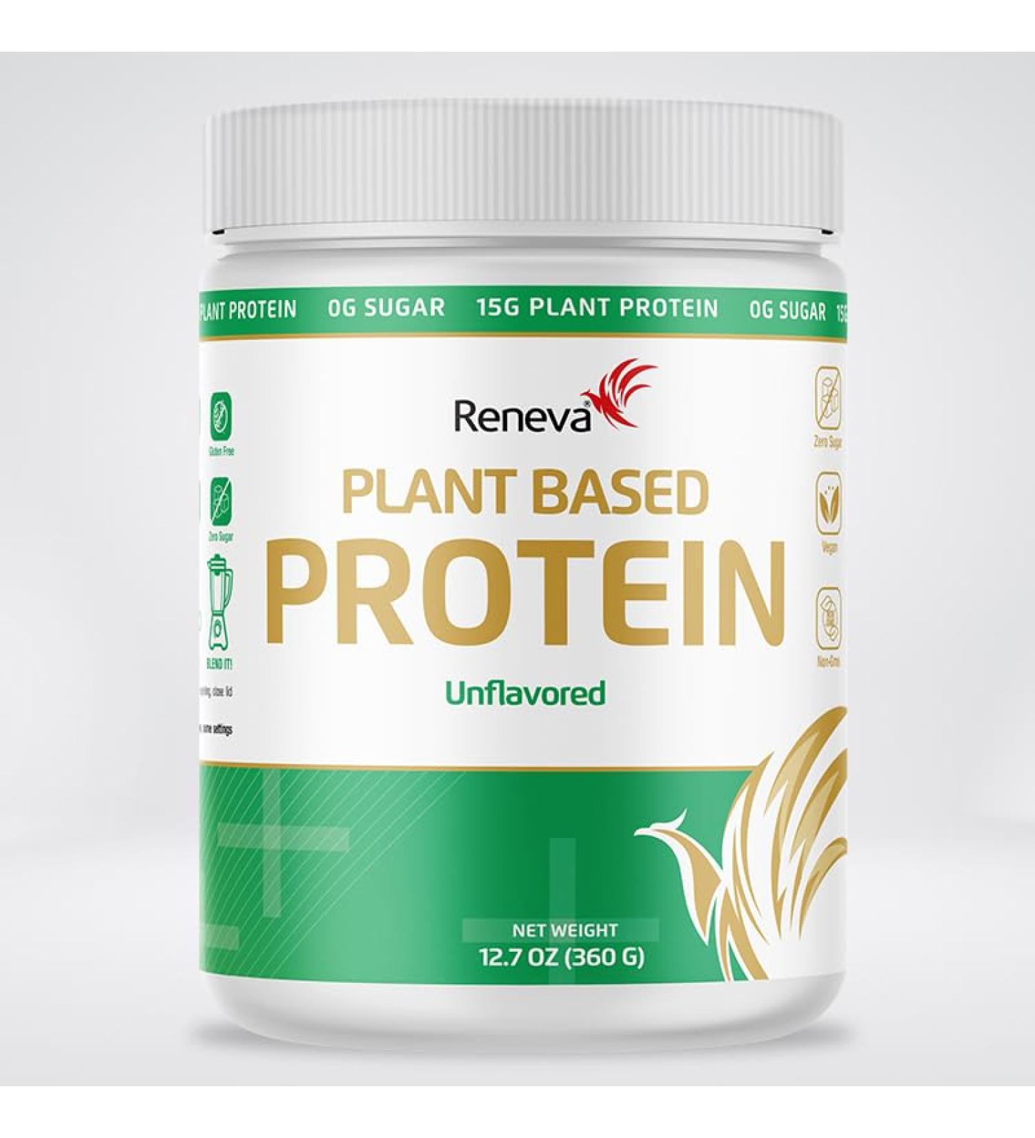 RENEVA Vegan Protein Powder - 15g Plant-Based Protein | Gluten Free Dairy Free Zero Sugar | 12.7 Ounce Resealable Canister - Buy Online on GoSupps.com