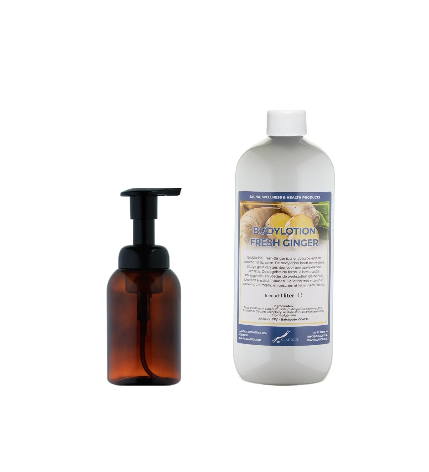 Claudius Soap dispenser 300 ml amber brown refillable + 1 liter Body Lotion Fresh Ginger refill