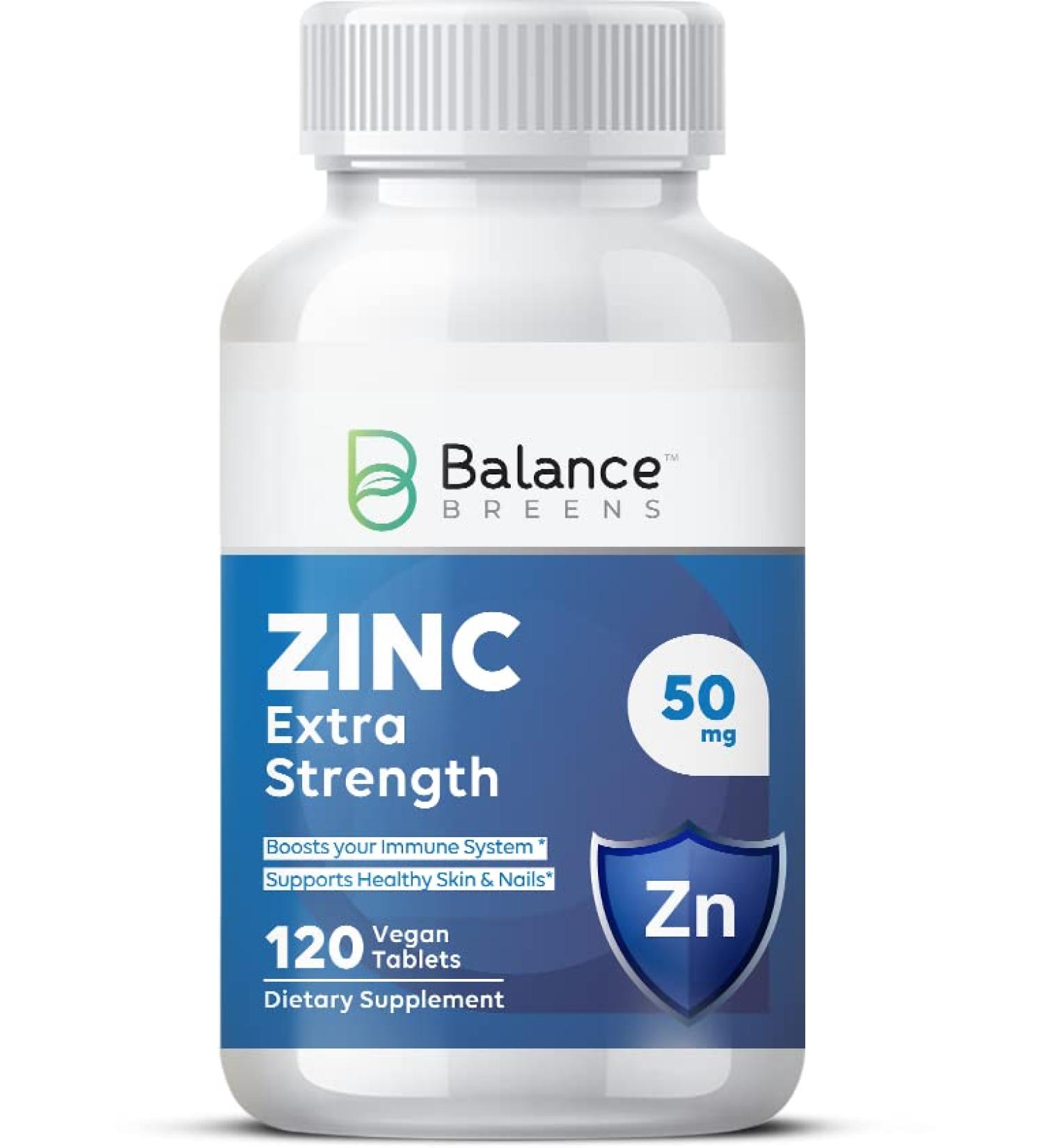 Balance Breens Zinc Extra Strength 50mg - 120 Vegan Non-GMO Tablets for Immune Support and Energy Boost - Buy Online on GoSupps.com